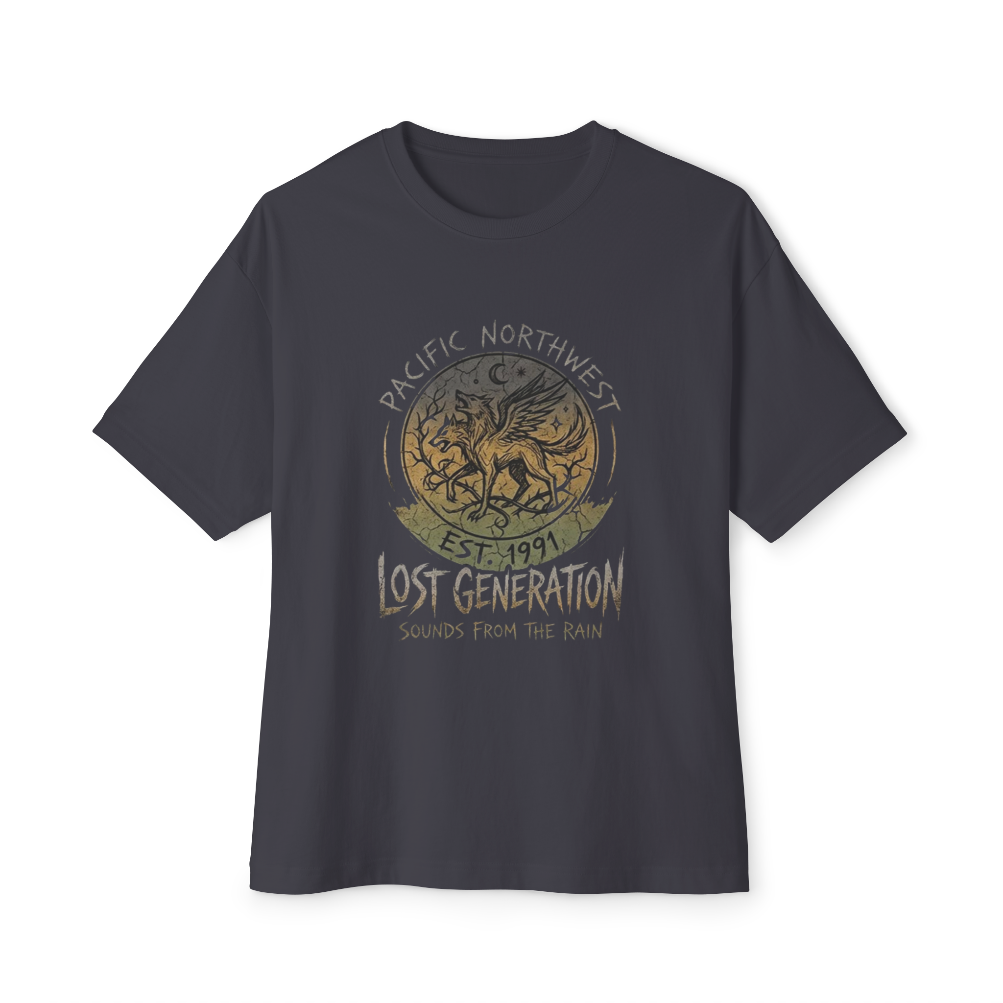 Gray T-shirt with a graphic design featuring a lion's head and the text "Pacific Northwest" and "Lost Generation".