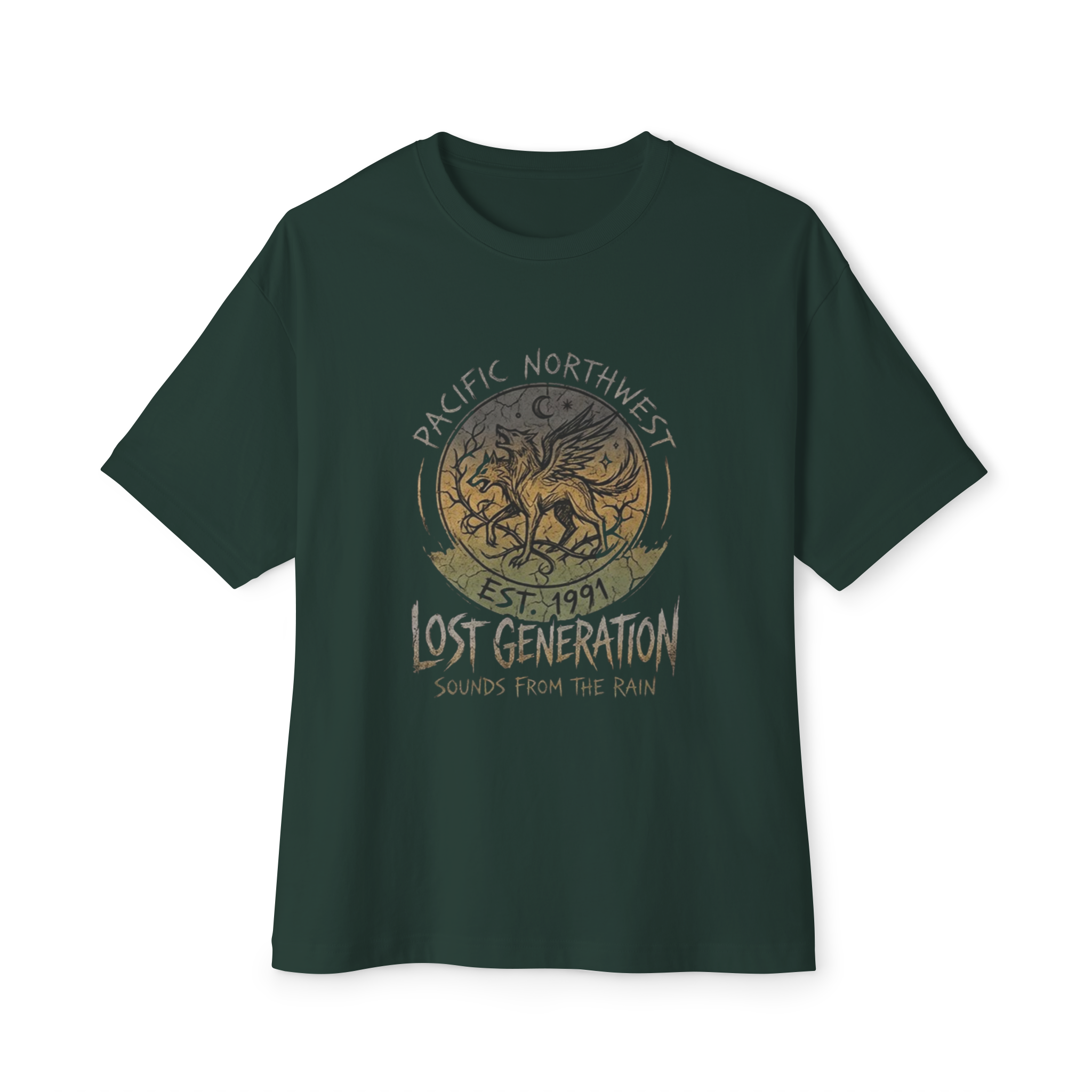 Green t-shirt with a graphic design featuring a wolf, crescent moon, and text that reads 'Pacific Northwest Lost Generation Sounds from the Rain.'