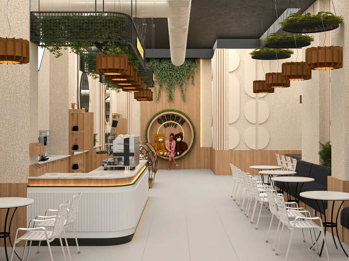 Osborne Coffee adlı kafe iç mekanı, modern tasarım, ahşap detaylar, yeşil bitki dekorları ve oturma alanlarıyla rahat bir atmosfer sunuyor.