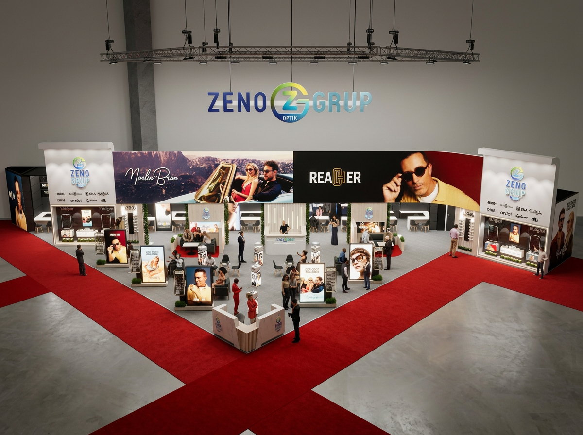 Zeno Grup moda ve optik ürünlerinin sergilendiği büyük bir fuar standı. Çeşitli reklam panoları ve ürün sergileri bulunuyor, birçok kişi stantta geziniyor.
