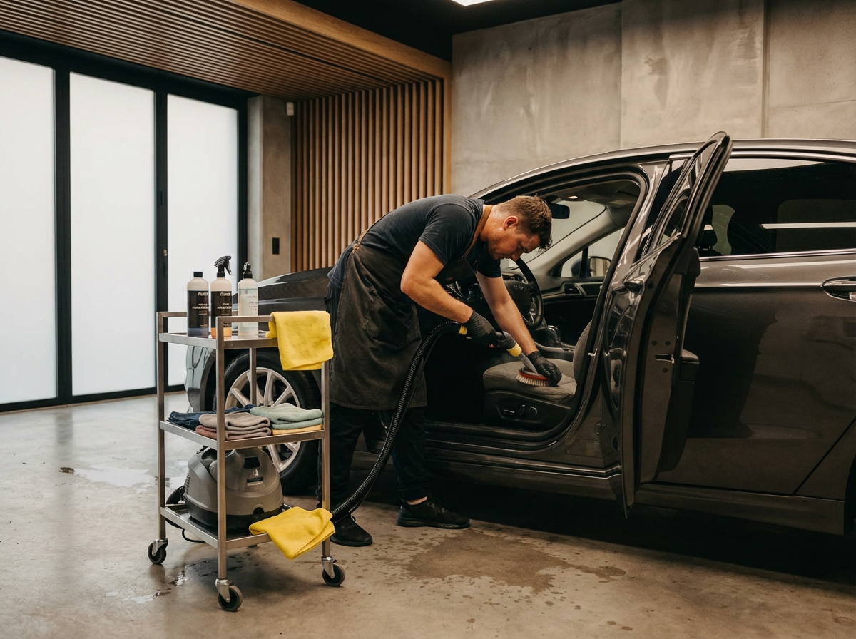 A man cleaning the interior of a black car in a modern garage with cleaning supplies on a cart nearby.