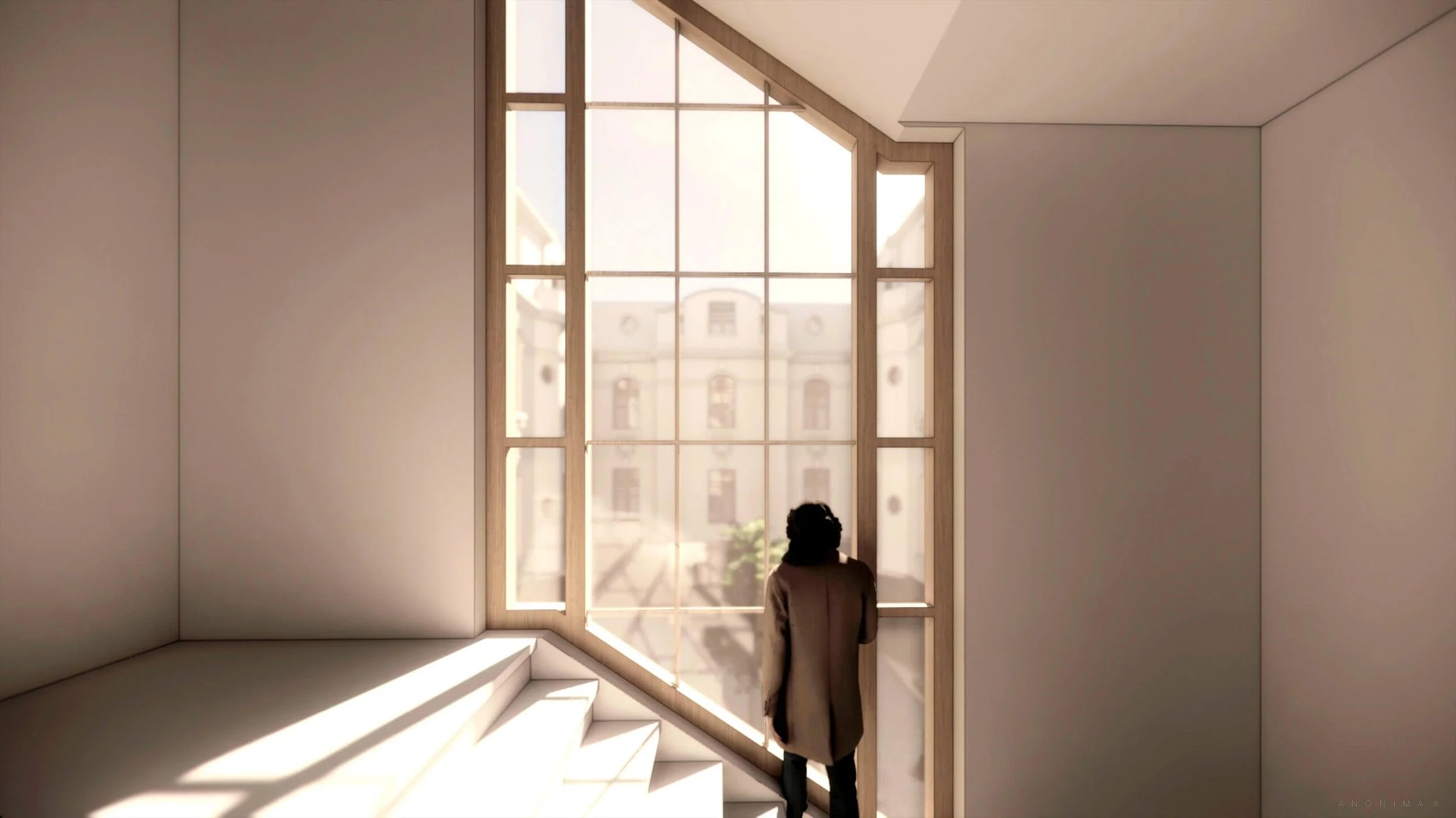 Imagen 3D de la rehabilitación urbana en el Centro de Santiago del edificio Bandera 700, donde Flipeame es el equipo de remodelación y desarrollo inmobiliario especializado en rescatar edificios con historia.