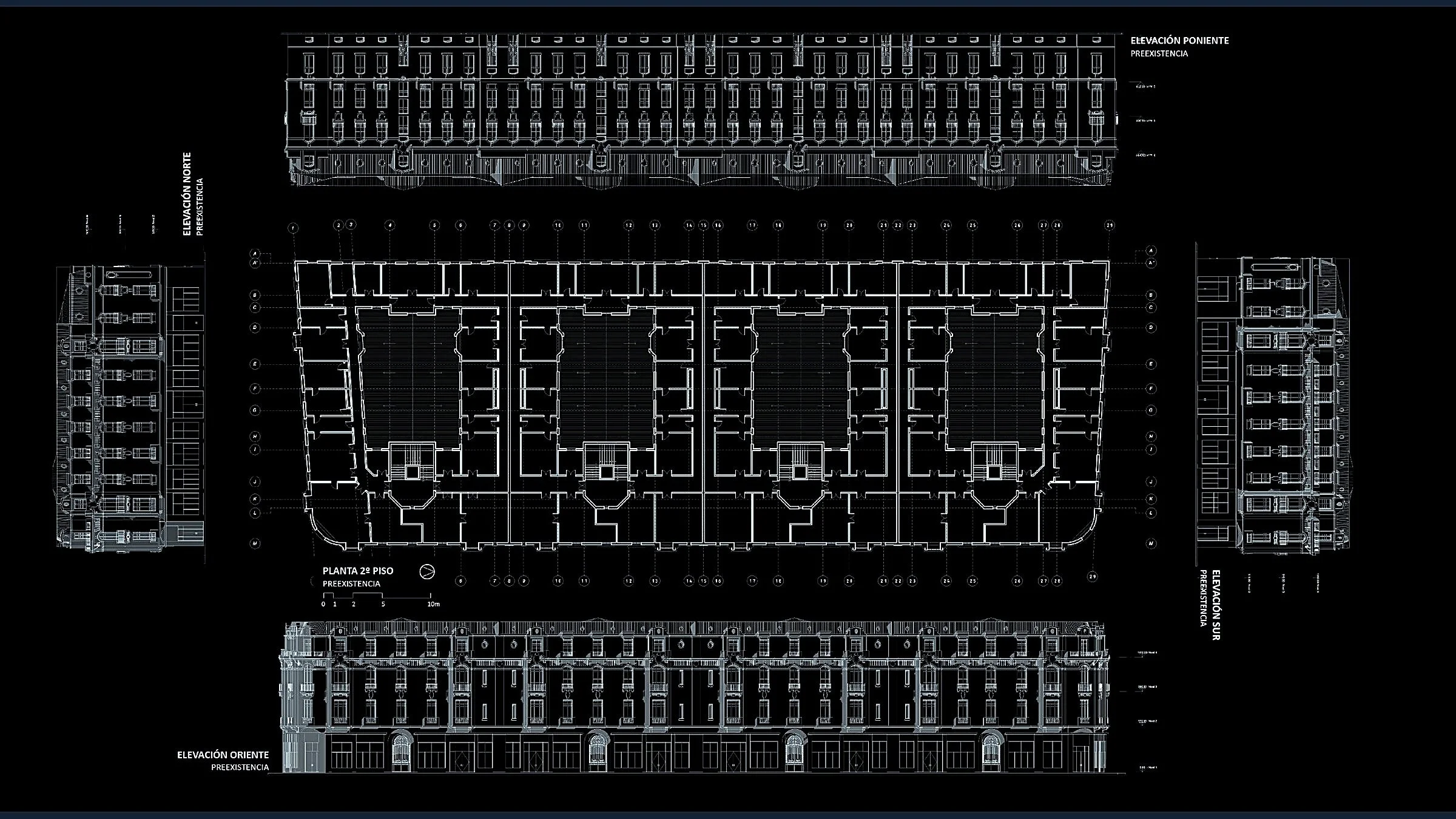 Flipeame muestra en planos arquitectónicos de un edificio, mostrando elevaciones y distribución en el segundo piso, con detalles del diseño y estructura en fondo negro y líneas blancas.