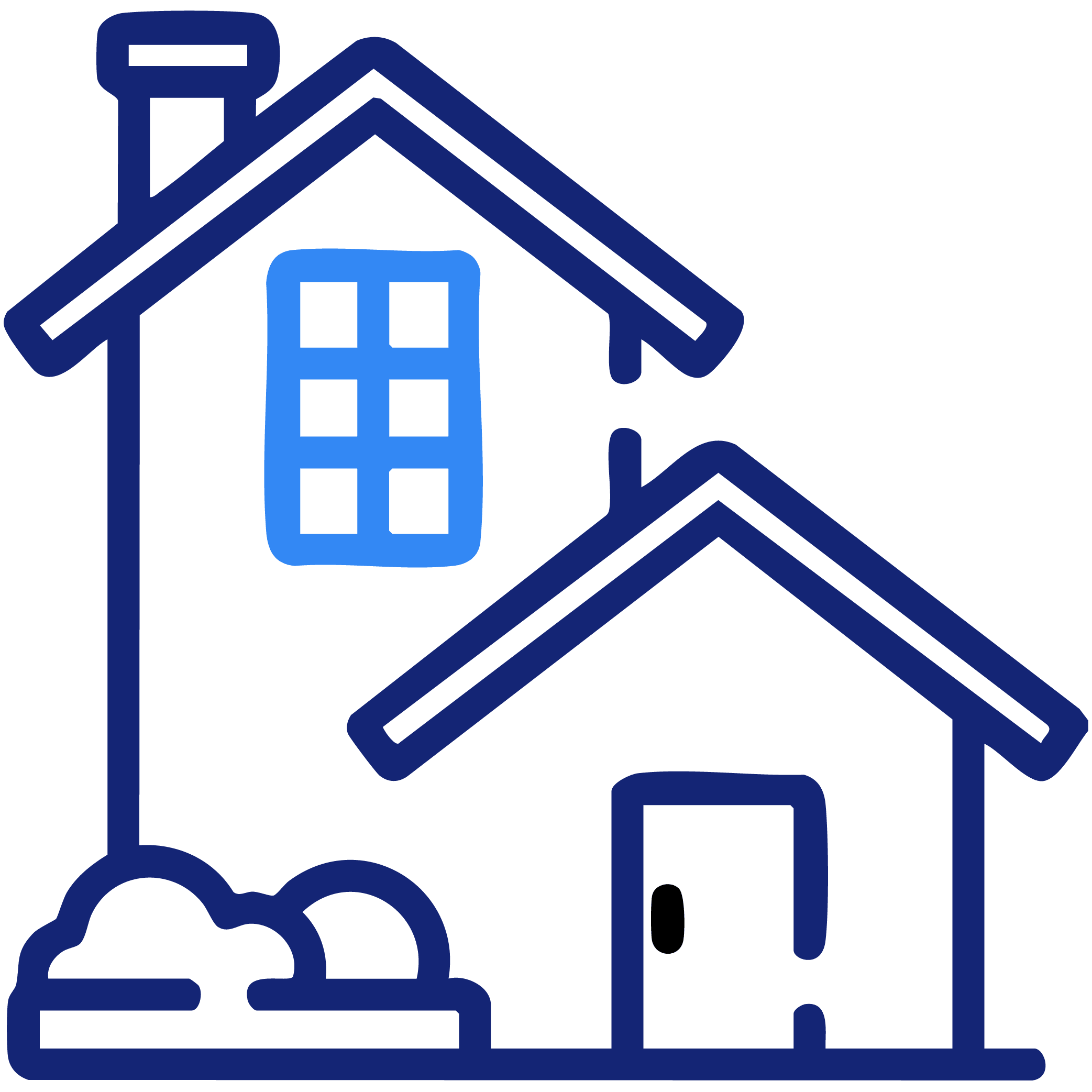 icono de una casa y un árbol, en estilo de línea sencilla, colores en tonos azules que representa la sección corretaje de flipeame, compra y venta de inmuebles nuevos, usados y flipeados