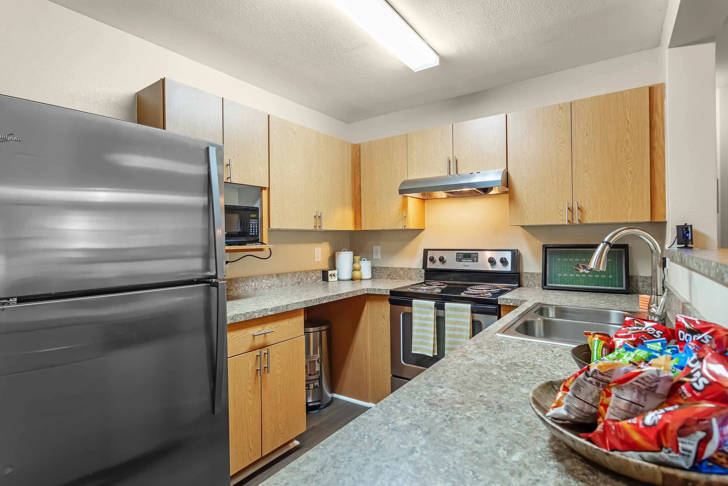 A modern kitchen with light wood cabinets, a gray stove, stainless steel refrigerator, microwave, double sink, and a countertop with snack bags and kitchen utensils. The ceiling has a rectangular fluorescent light fixture.