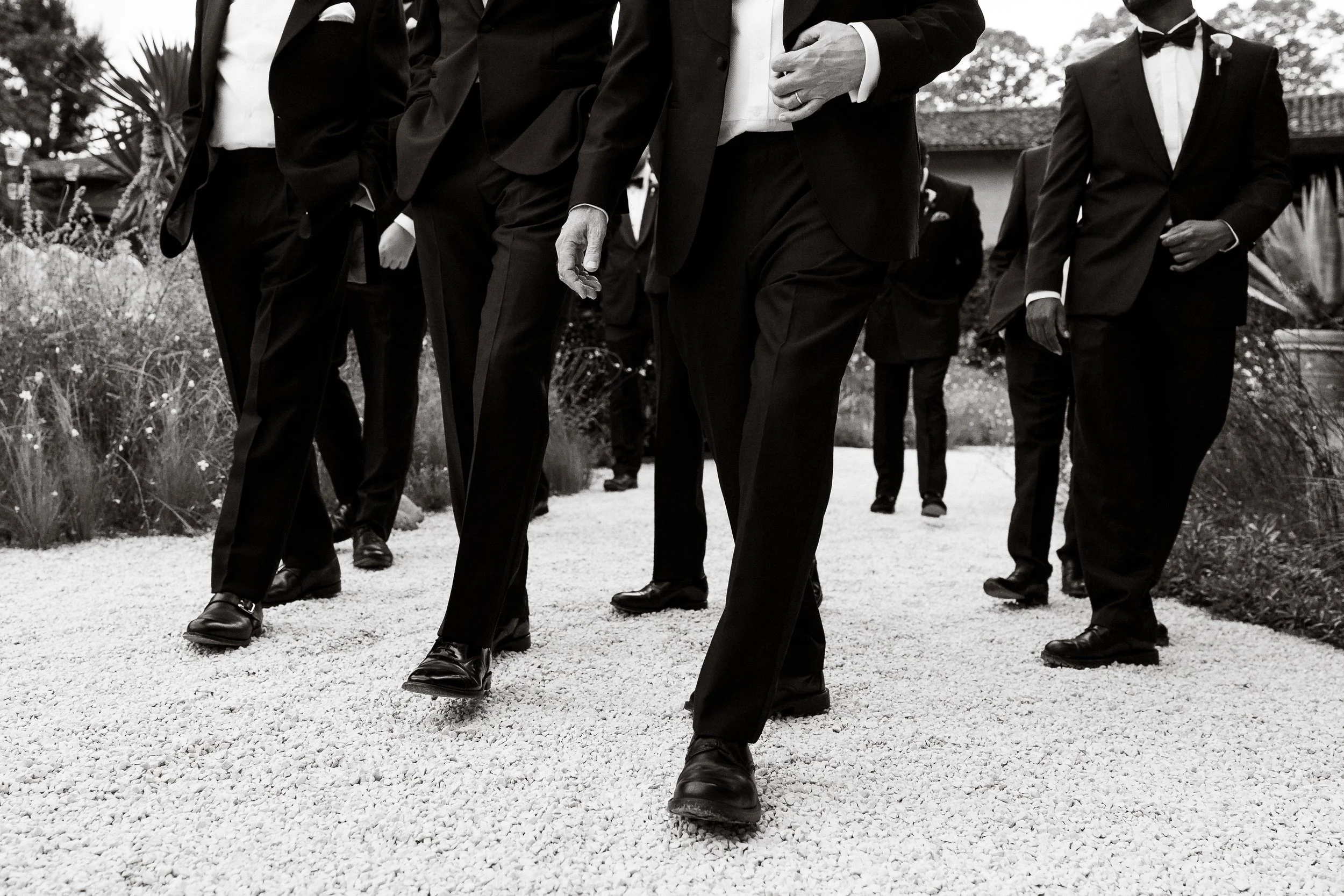 Men dressed in black tuxedos walking outdoors on a gravel path, with some in conversation, during daytime.