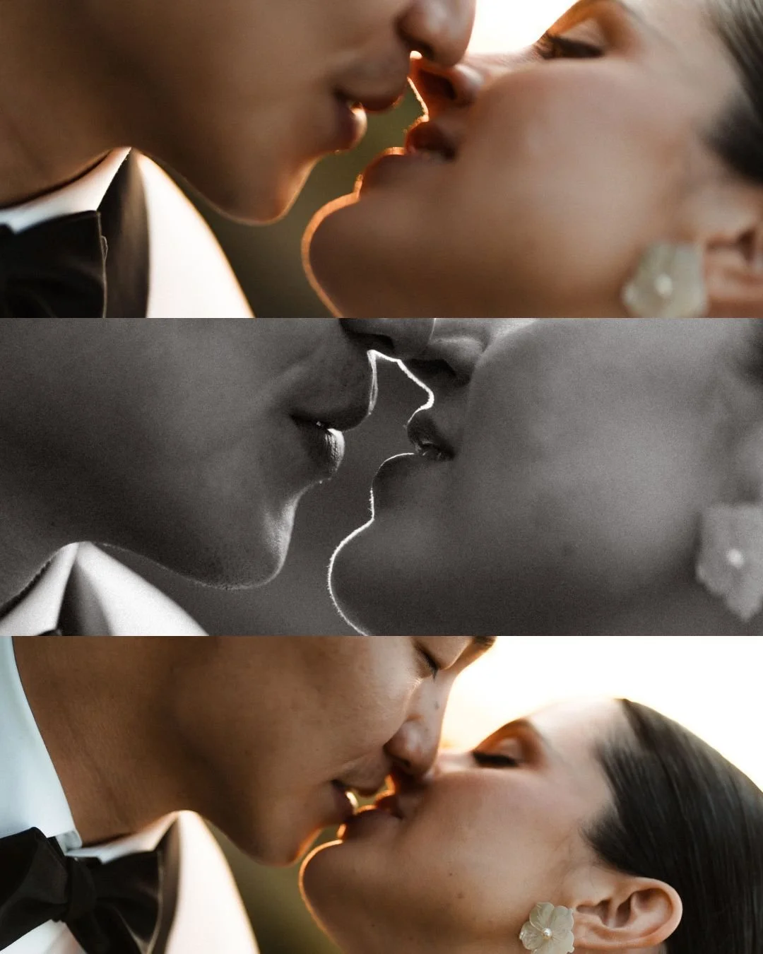 A couple about to kiss, shown in three different styles: color, black and white, and color again, with a close-up focus on their faces and lips.