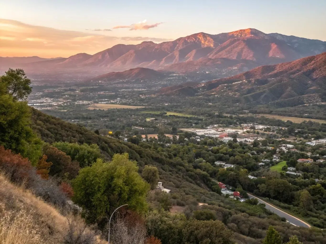Ojai Valley and Topatopa Mountains at sunset in Ojai, California