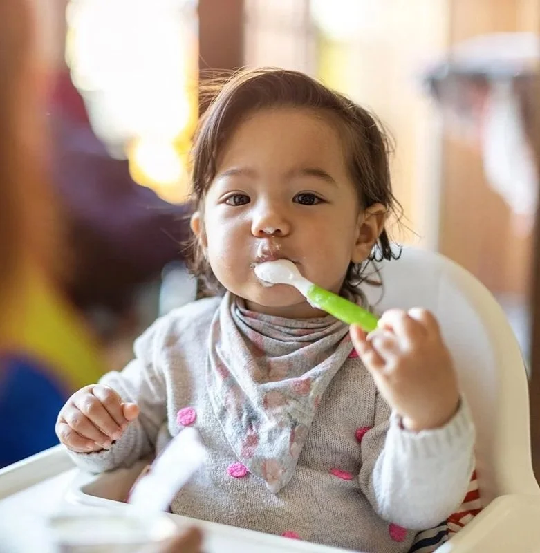A young child sitting in a highchair, holding and licking yogurt off of a spoon, working on transitioning to solids during feeding therapy for toddlers in Lemont, IL.