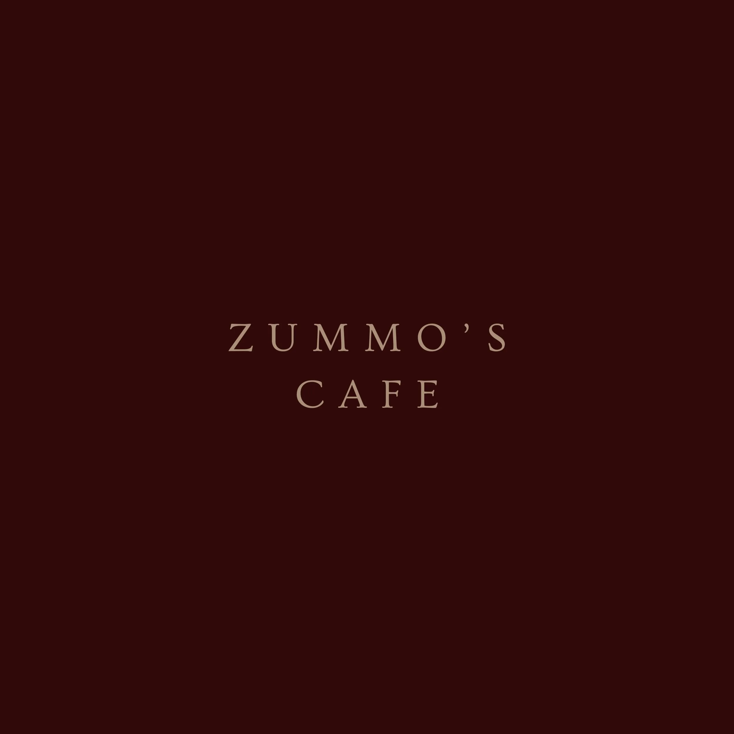 A dark brown gradient background with the text 'Zummo's Cafe' written in beige centered at the bottom.