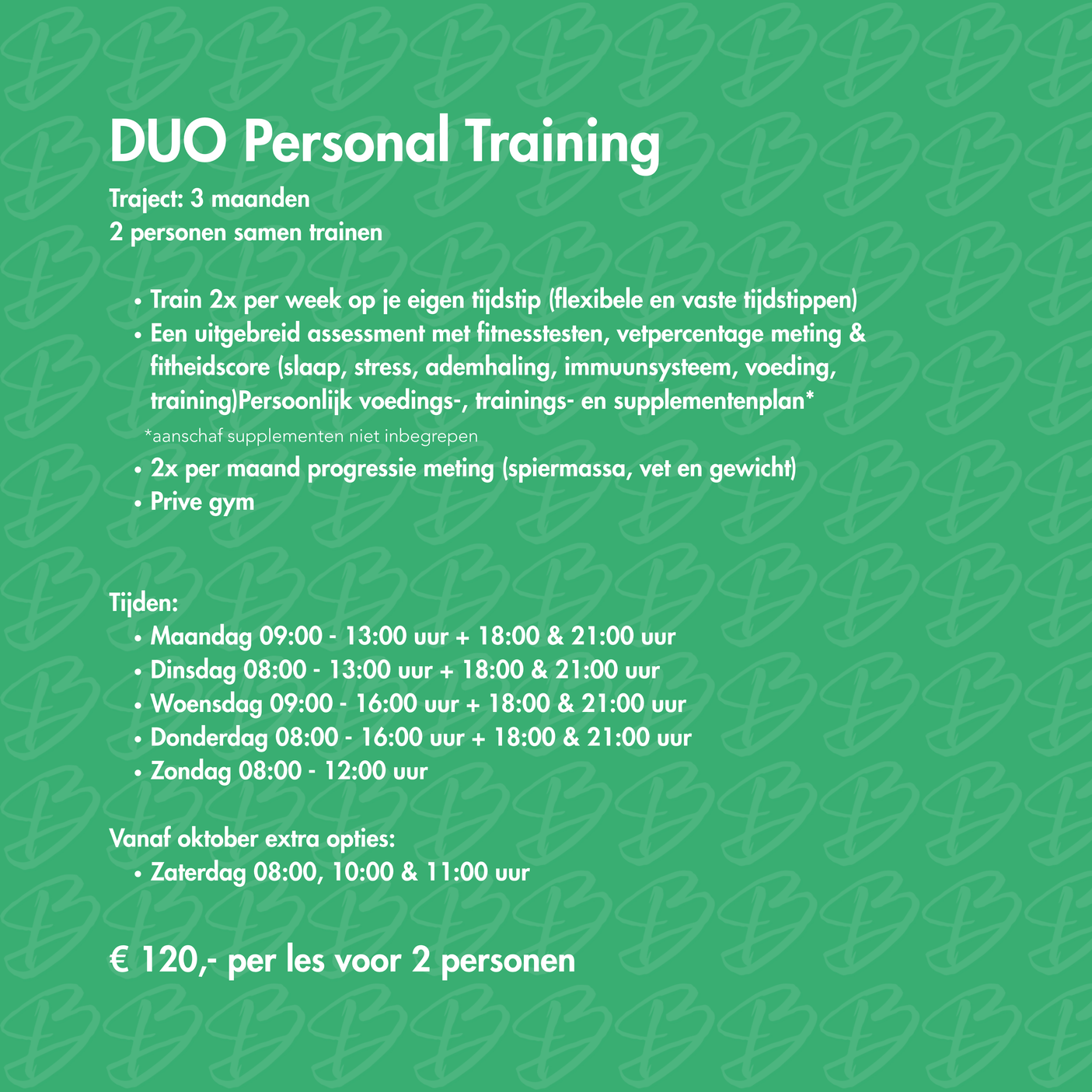 Groene poster met informatie over DUO Personal Training, met trajectduur, trainingsfrequentie, evaluatiemethoden, tijden en prijs voor twee personen.