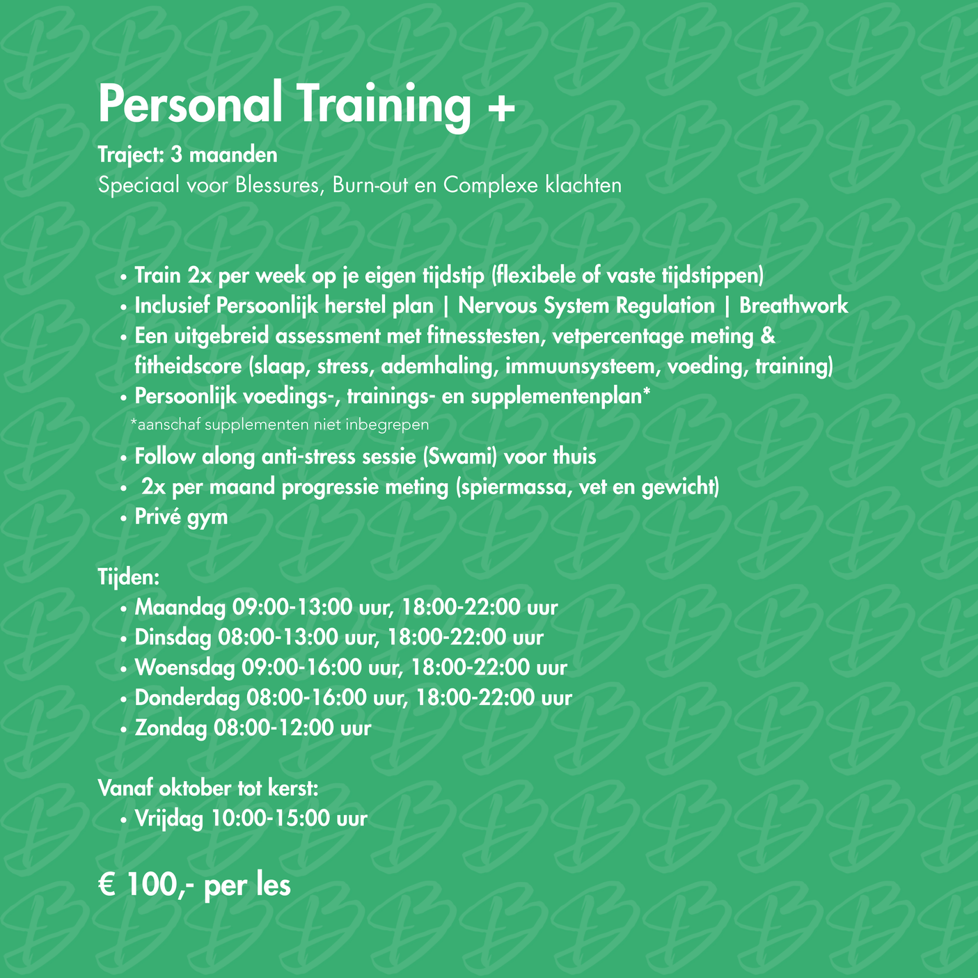 Groen poster met wit tekst over een persoonlijk trainingsprogramma voor drie maanden, inclusief schema's, assessments, en tijden, met kosten van €100 per les.