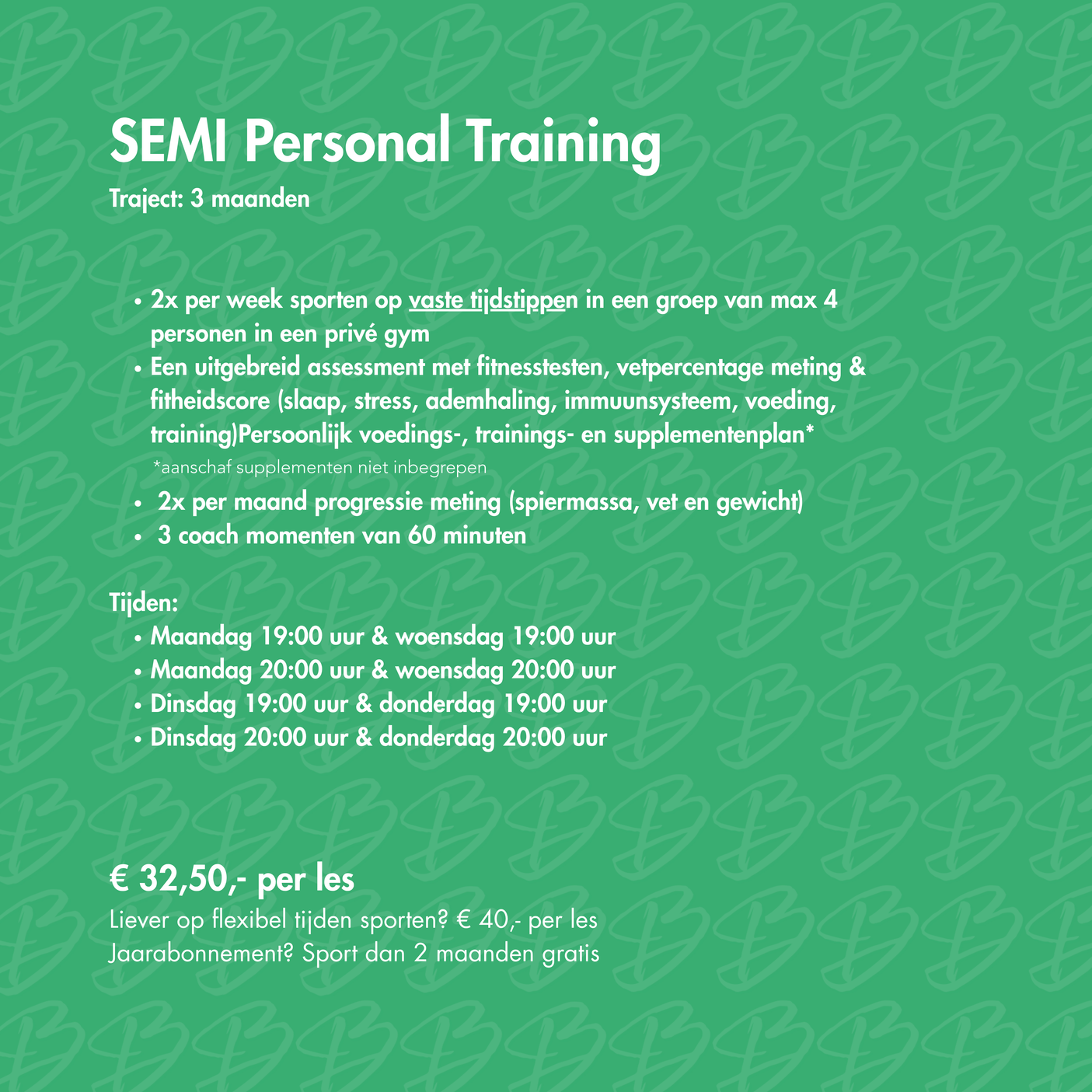 Groen achtergrond met wit tekst over personal training, inclusief details over tijden, kosten en inhoud van het programma.