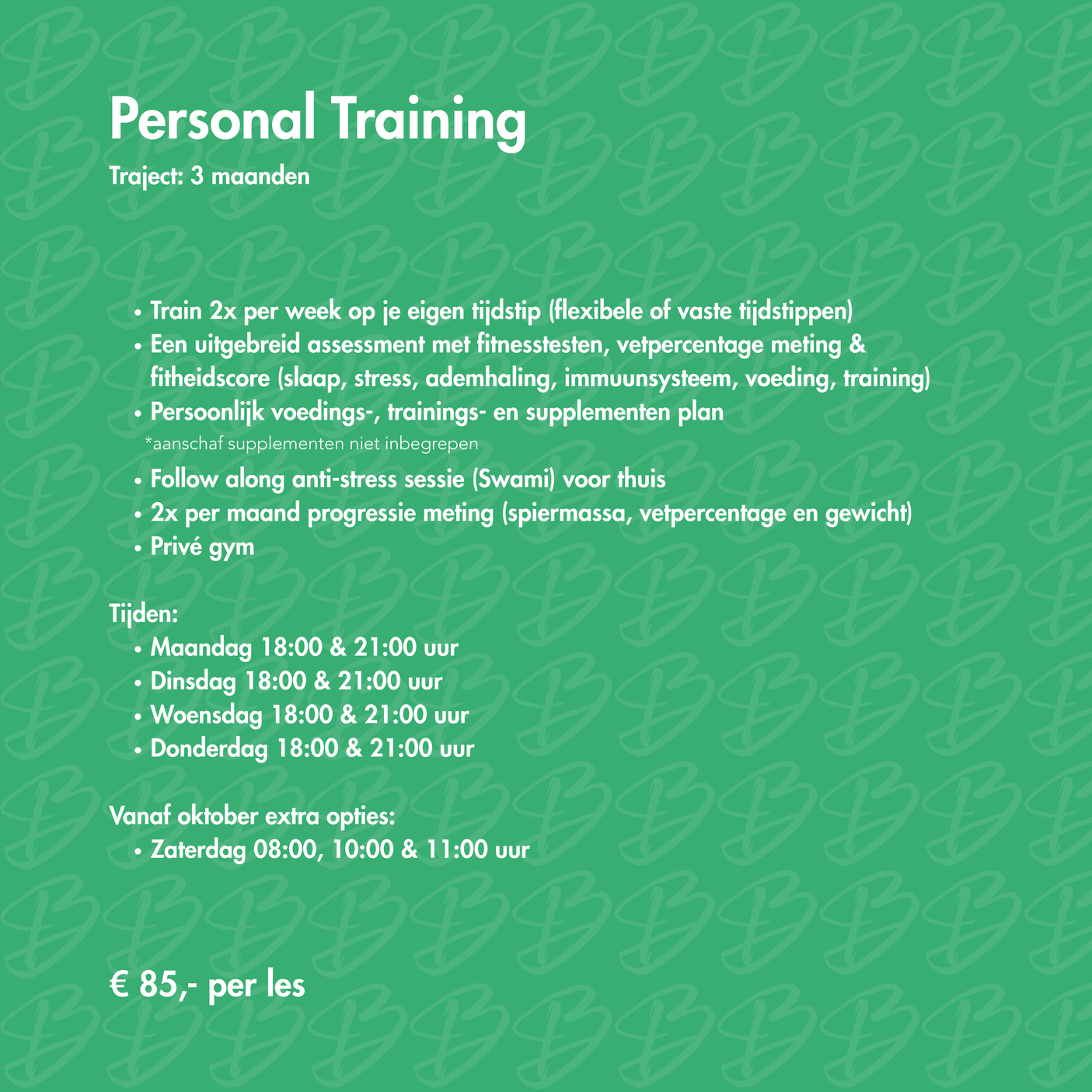 Flyer voor personal training met details over schema, assessments, en prijzen.