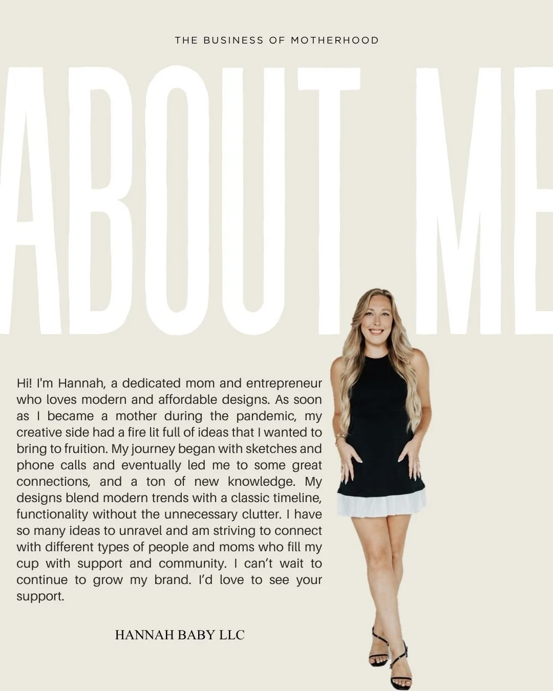 A woman named Hannah in a black dress with a white ruffle hem, smiling, standing. Background features large text saying 'ABOUT ME' and a message introducing her as a mom and entrepreneur passionate about modern, affordable designs.