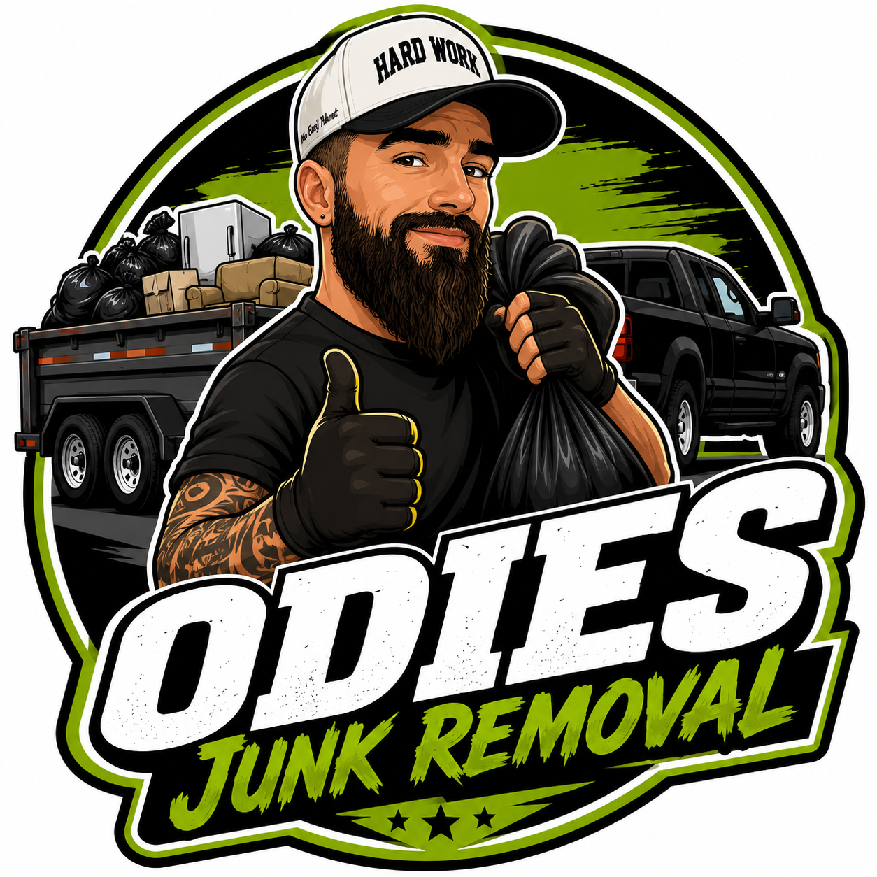 A man with a beard and tattooed arms giving a thumbs up while holding a black trash bag, in front of a black pickup truck and a trailer filled with garbage bags and boxes, with the text 'ODIES Junk Removal' and a hat that says 'Hard Work'.