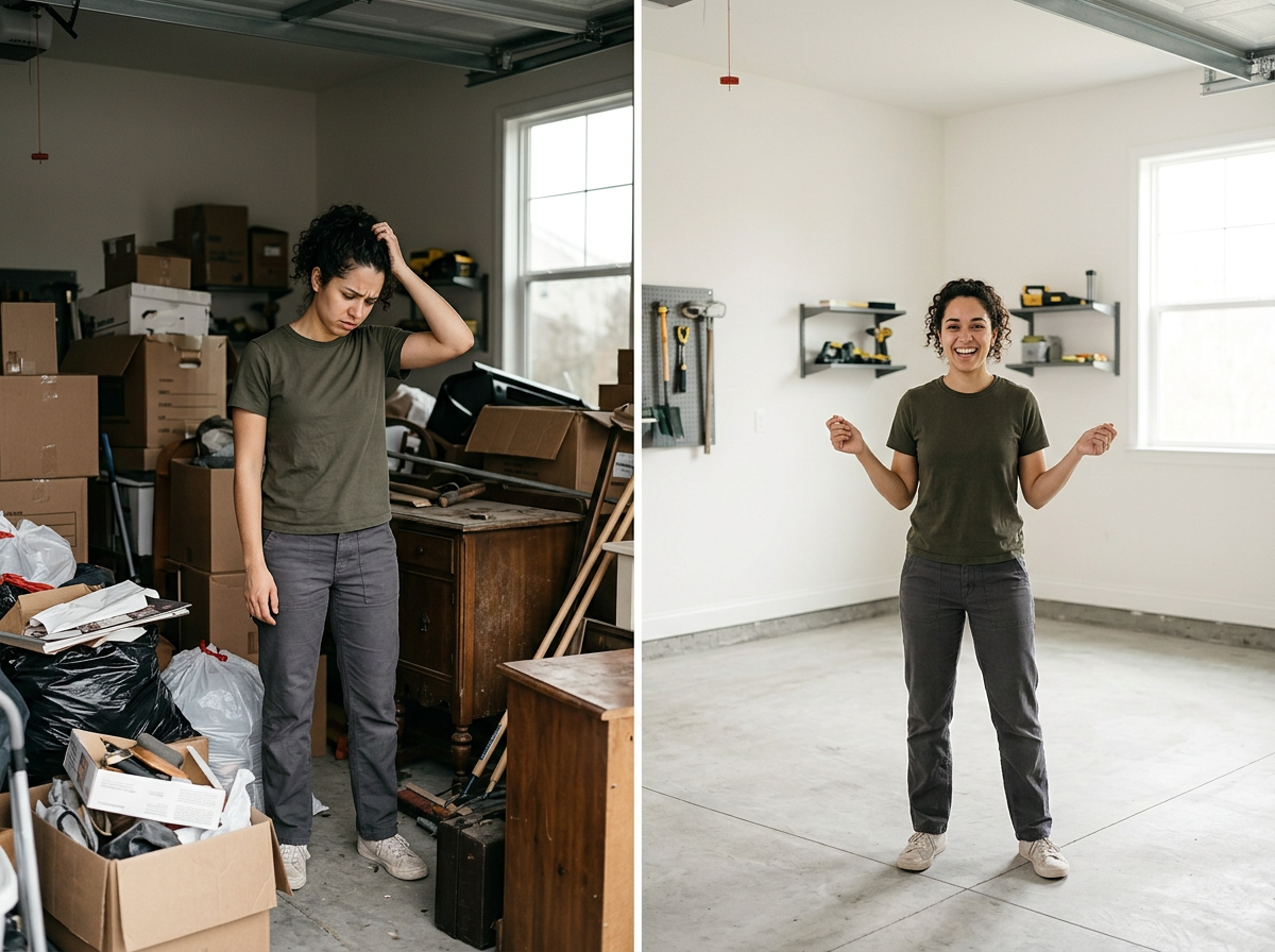 Side-by-side comparison of a woman in a cluttered garage on the left and a clean, organized garage on the right, smiling with arms raised in victory.