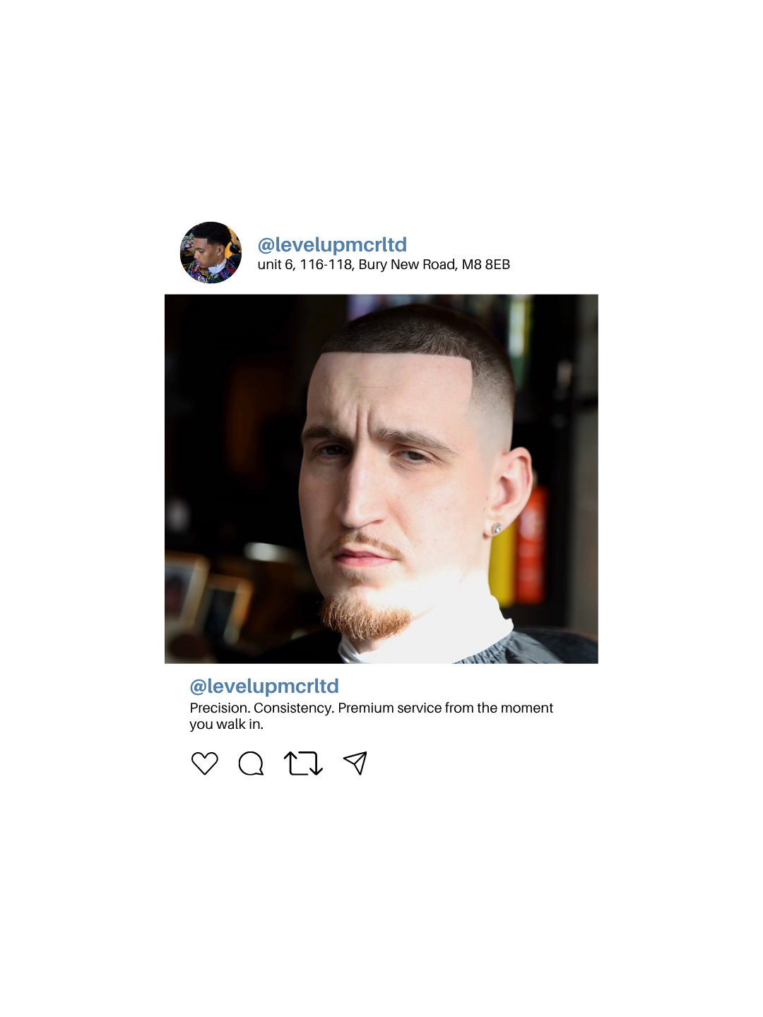 A social media post featuring a young man with a buzz cut hairstyle and a goatee, looking at the camera. The post includes a profile picture of the same man and account details '@levelupmcrltd'. The caption reads 'Precision. Consistency. Premium service from the moment you walk in.'