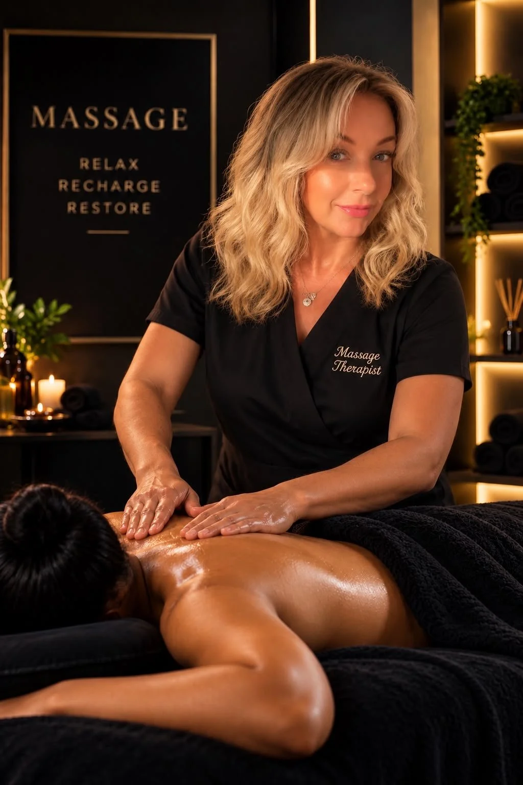 A massage therapist giving a back massage to a client in a spa setting, with a sign that says 'Massage, Relax, Recharge, Restore' in the background.