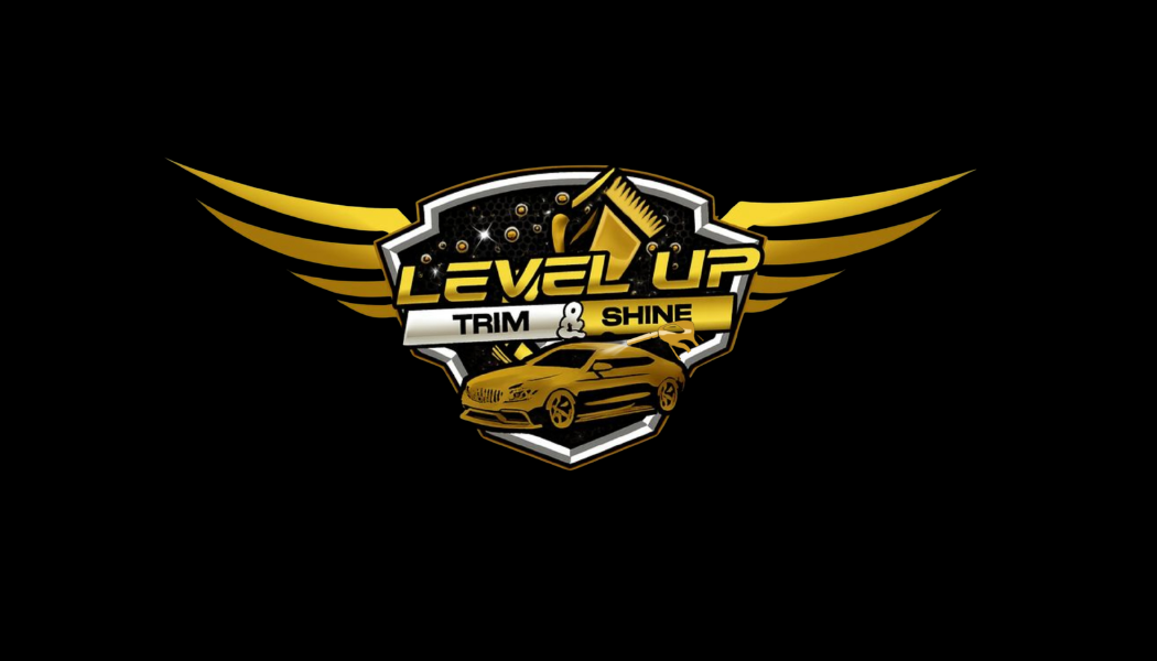 A logo for Level Up Trim & Shine featuring a yellow sports car, black and yellow wings, a shield with a paintbrush and spray can, and bold yellow and black text.