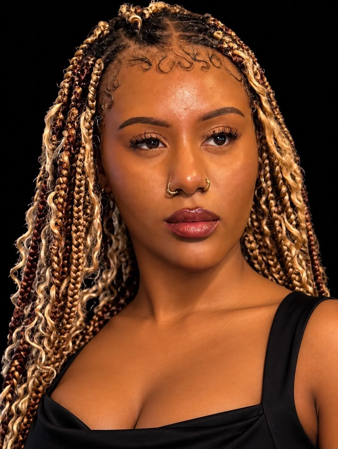 Close-up portrait of a woman with braided blonde and brown hair, wearing a black top, and gold jewelry including nose rings, against a black background.