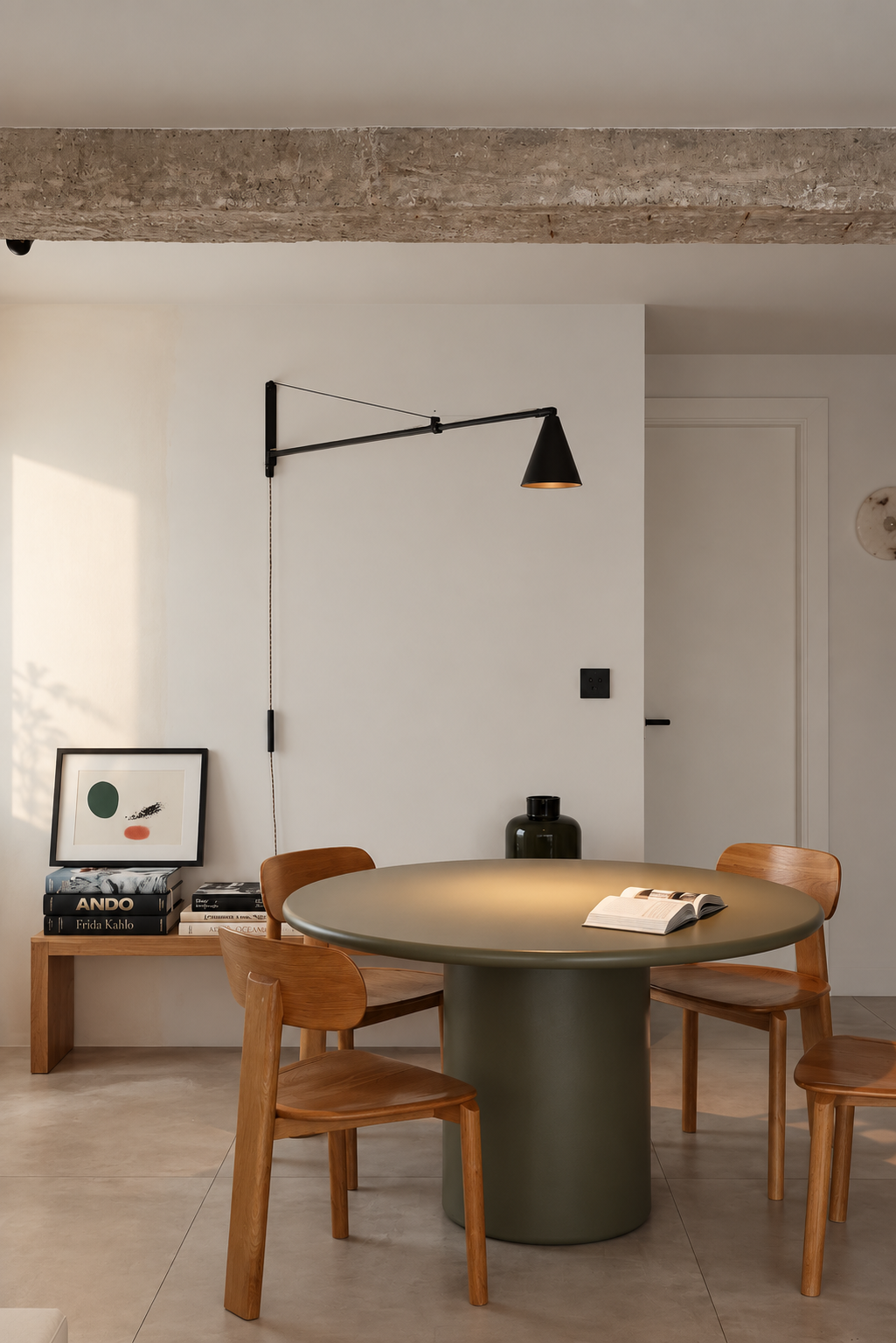 Interior de comedor con mesa redonda, cuatro sillas de madera y decoración minimalista en tonos neutros y verdes, con lámpara negra ajustable en la pared, y una mesa auxiliar con libros y una pieza de arte