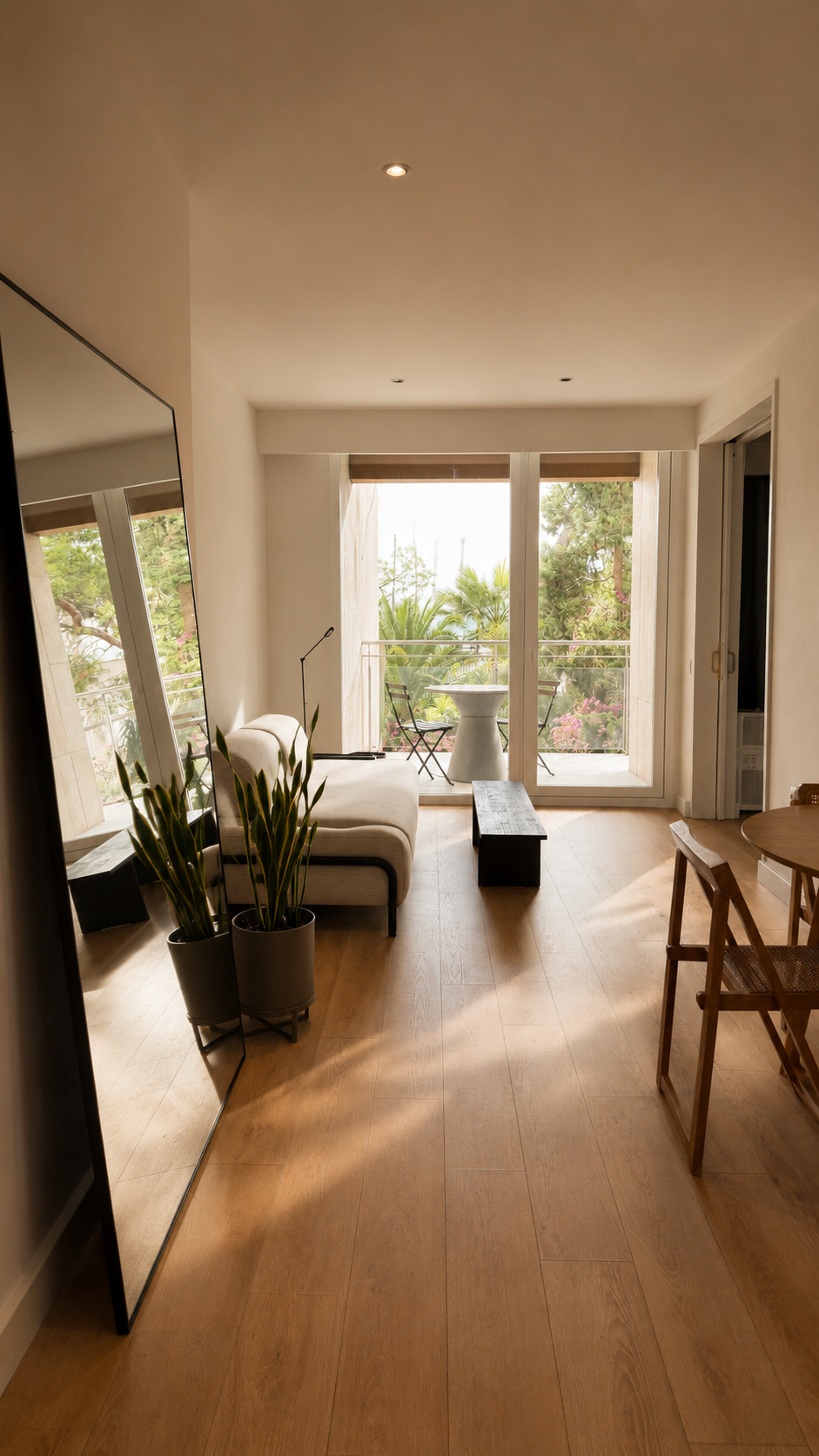 Sala de estar con ventanas de vidrio que dan a un balcón con plantas y vista a la naturaleza, muebles blancos, plantas en tiestos negros, y piso de madera.