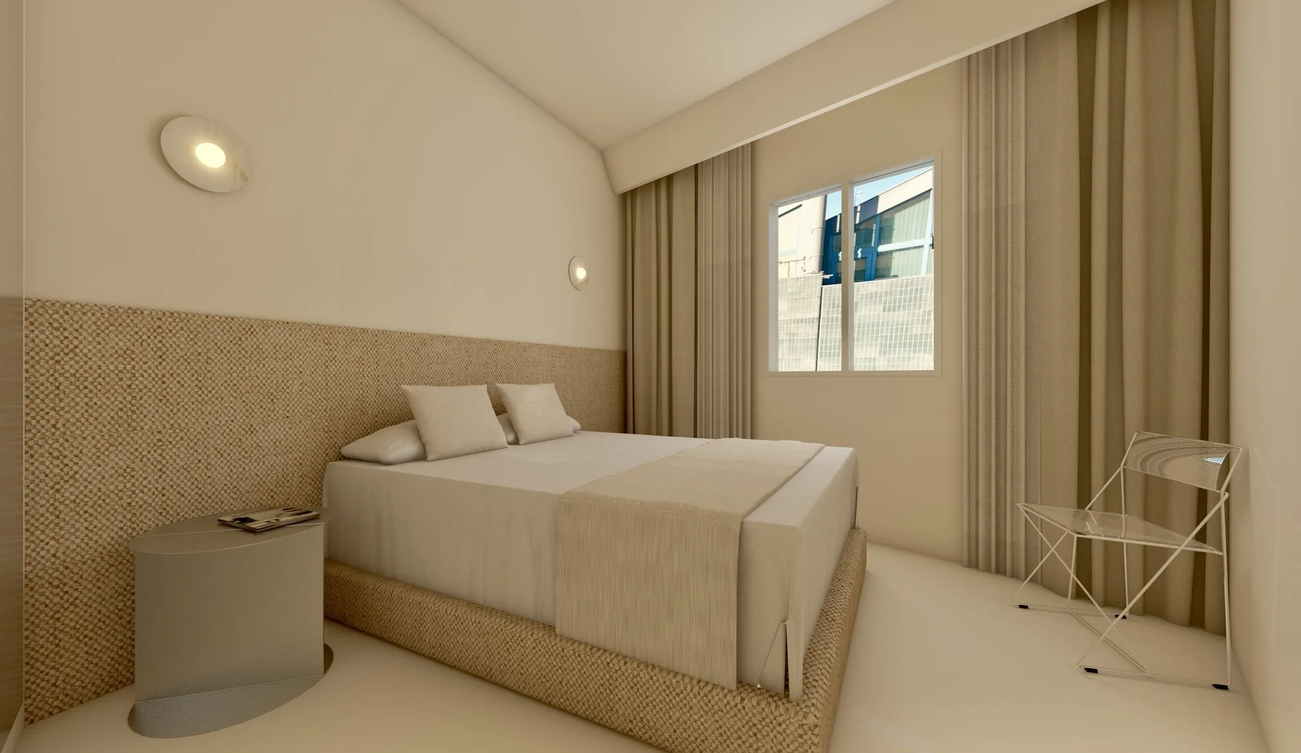 Habitación moderna con cama doble, paredes claras, cortinas beige y ventana con vista a una área exterior.