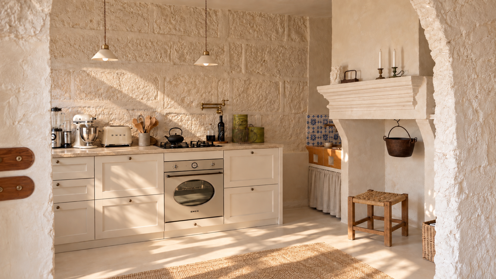 A cozy kitchen with white cabinetry, a stone countertop, and a white stone wall. There are two pendant lights hanging from the ceiling, a stove with a kettle on it, a stand mixer, and a toaster. To the right, there is a fireplace with a wooden stool and wicker basket nearby. The kitchen has warm natural light with shadows cast on the walls and floor.