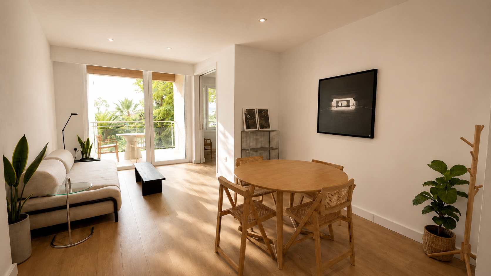 Sala moderna con sofá beige, mesa de centro de cristal, plantas verdes, televisor en la pared, mesa de comedor redonda con sillas de madera, balcón con vista a plantas y árboles.