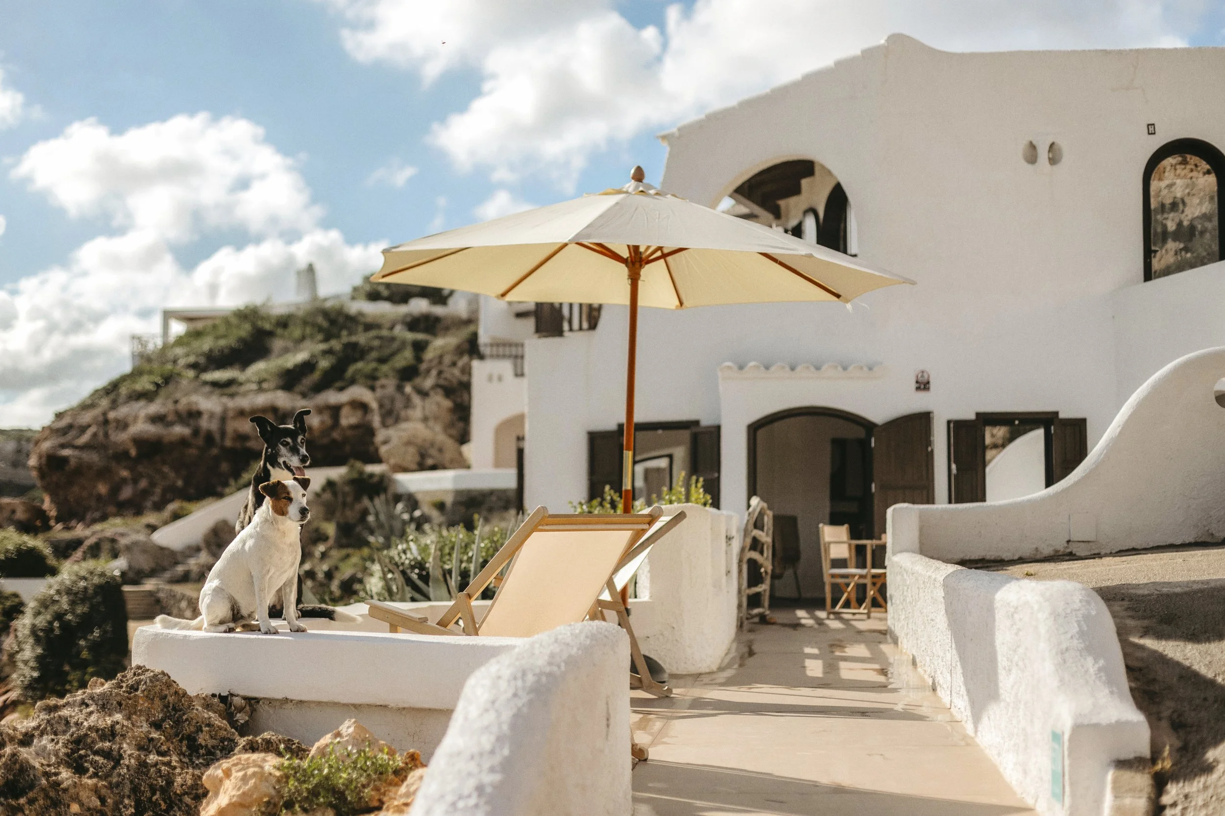 Casa blanca tradicional con arquitectura mediterránea, en un entorno soleado. En primer plano, hay dos perros, uno de ellos sentado y el otro acostado, junto a una sombrilla beige y una tumbona de color melocotón. La escena refleja un ambiente tranquilo y agradable.