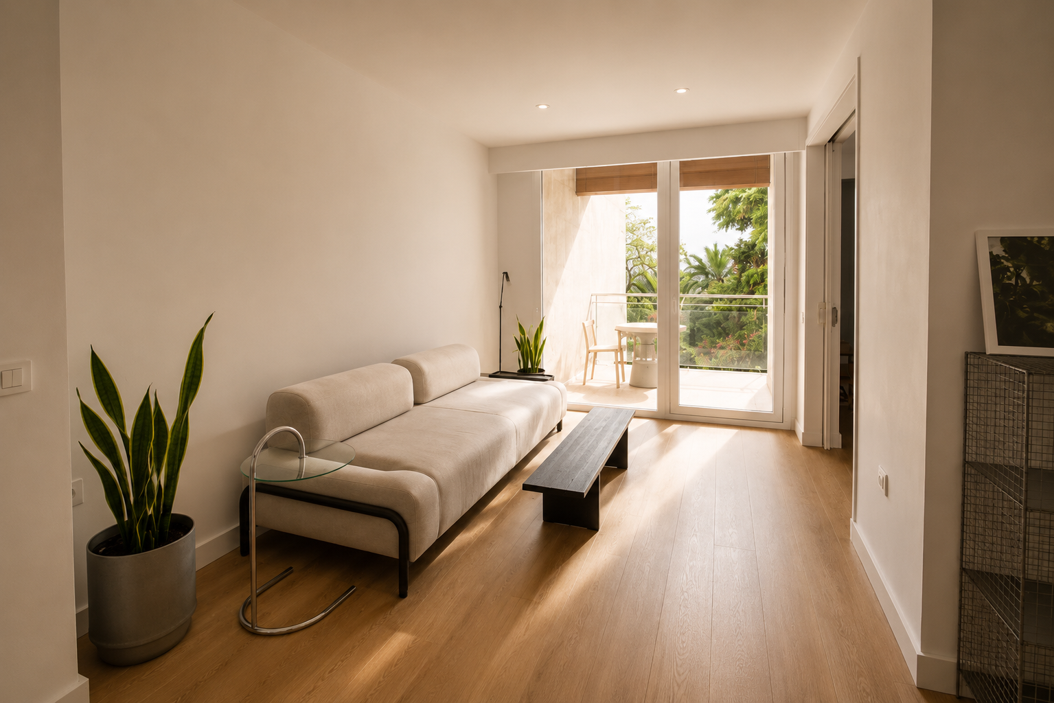 Sala de estar luminosa con sofá beige, mesa de madera, plantas verdes en macetas, vista a un balcón con jardín tropical.