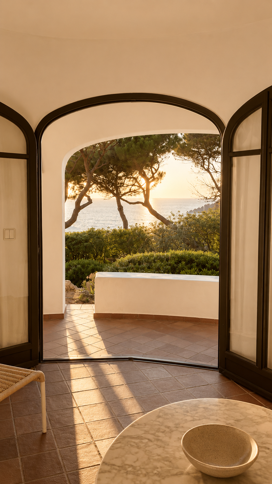 Vista desde una terraza con puertas corredizas abiertas, mostrando árboles cerca del mar al atardecer, con sombra proyectada en el suelo de azulejos.