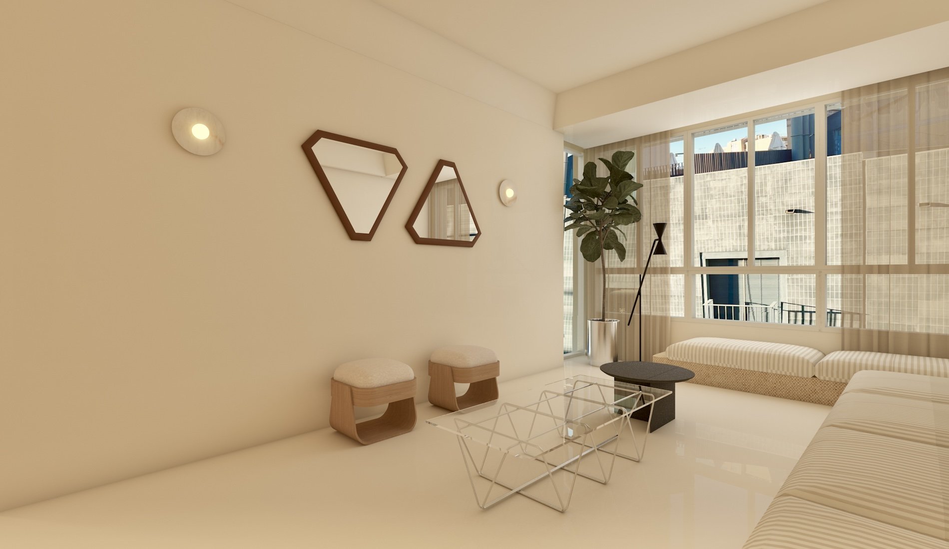 Sala moderna con sillones, mesas de cristal, lámpara de pie negra, planta en maceta y ventanas grandes con vistas a edificios.