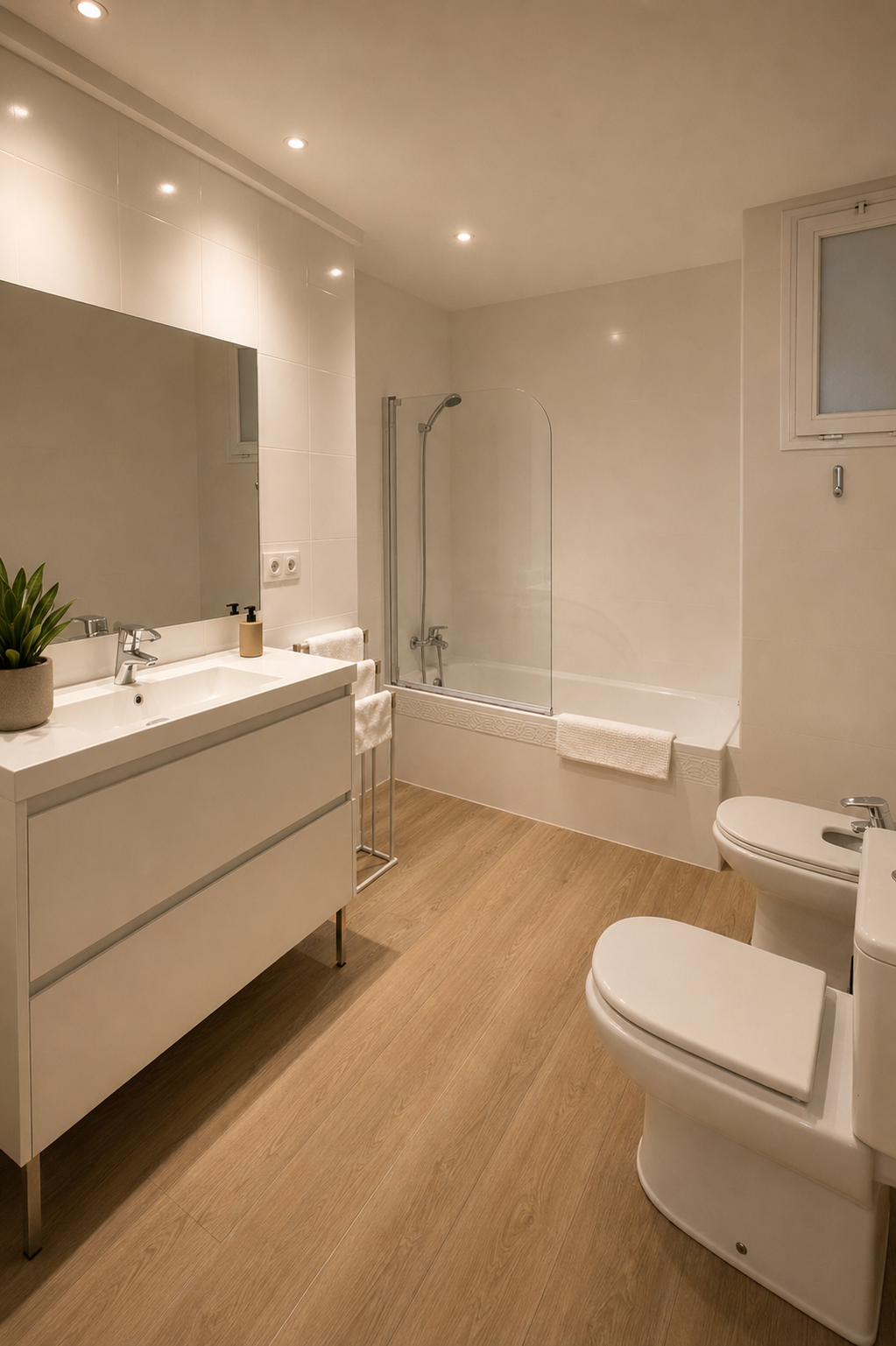 Baño moderno con lavabo, espejo grande, toallas blancas, inodoro, bañera con protección de vidrio, ventana, plantas y suelo de madera.