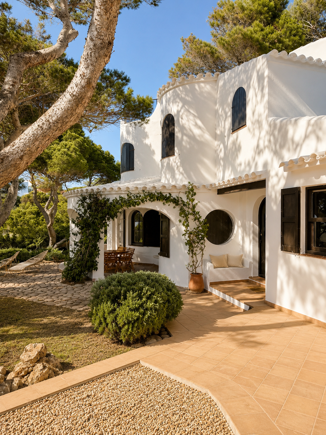 Casa blanca con ventanas negras, rodeada de árboles y plantas, con un patio de piedra y tierra, sombra de árboles en la fachada y mobiliario de exterior.