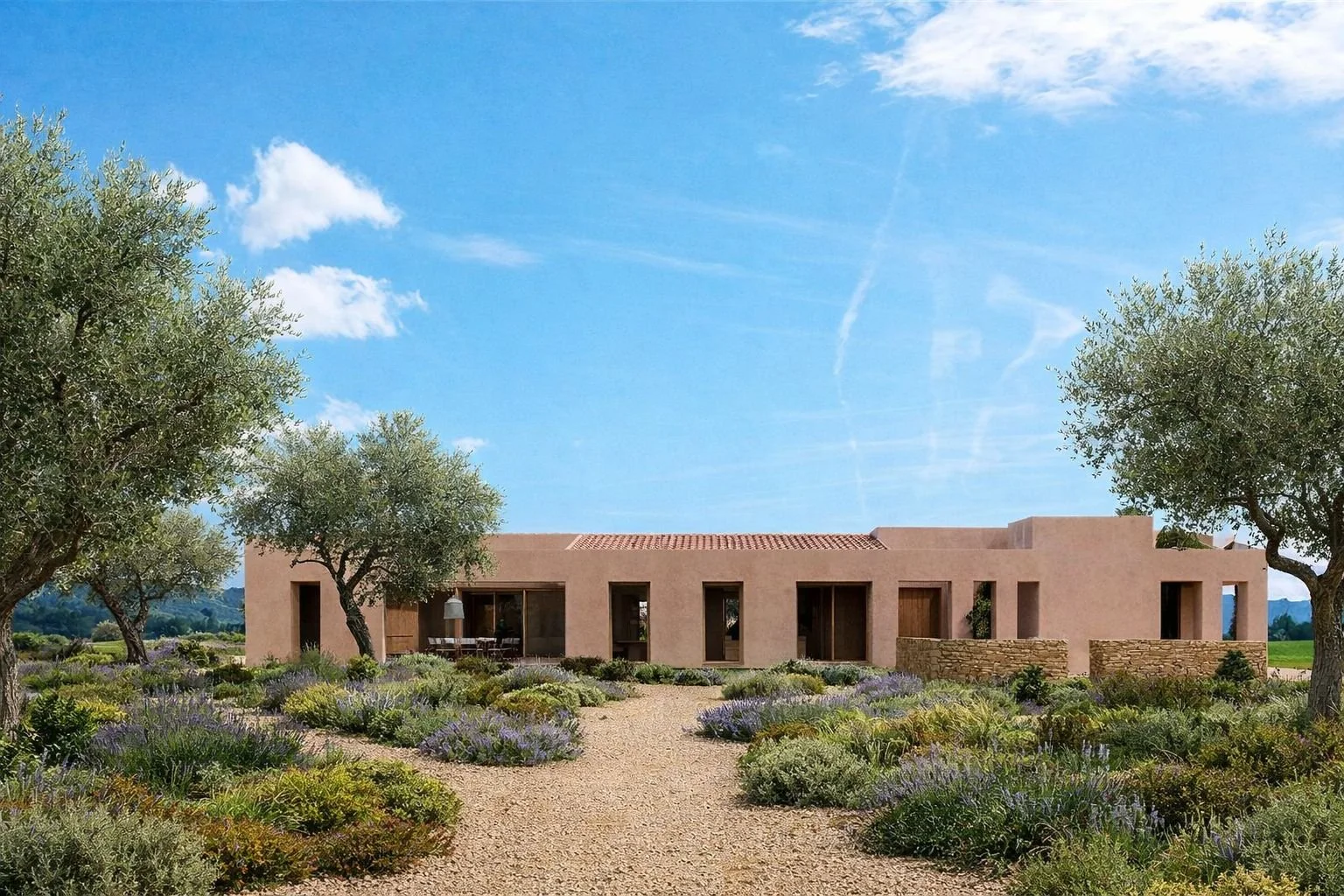 Casa moderna de color rosa en un paisaje de campo, rodeada de plantas y árboles, con un cielo azul y nubes blancas.