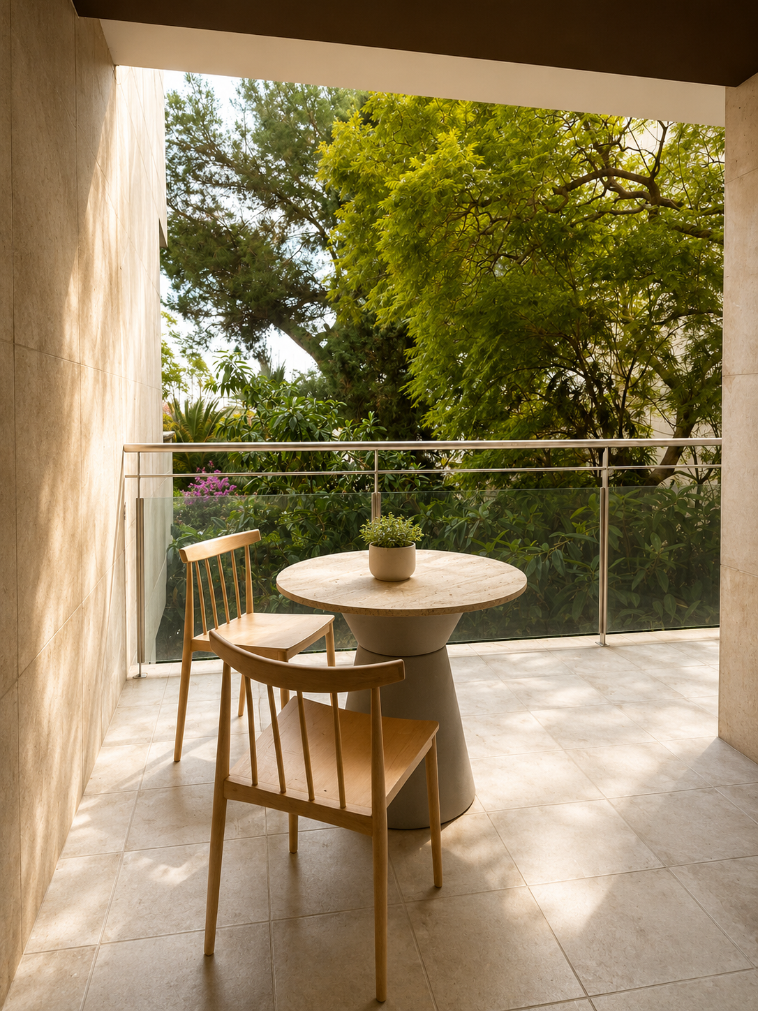Balcon con mesa de madera, dos sillas de madera y planta en florero, rodeado de árboles verdes.