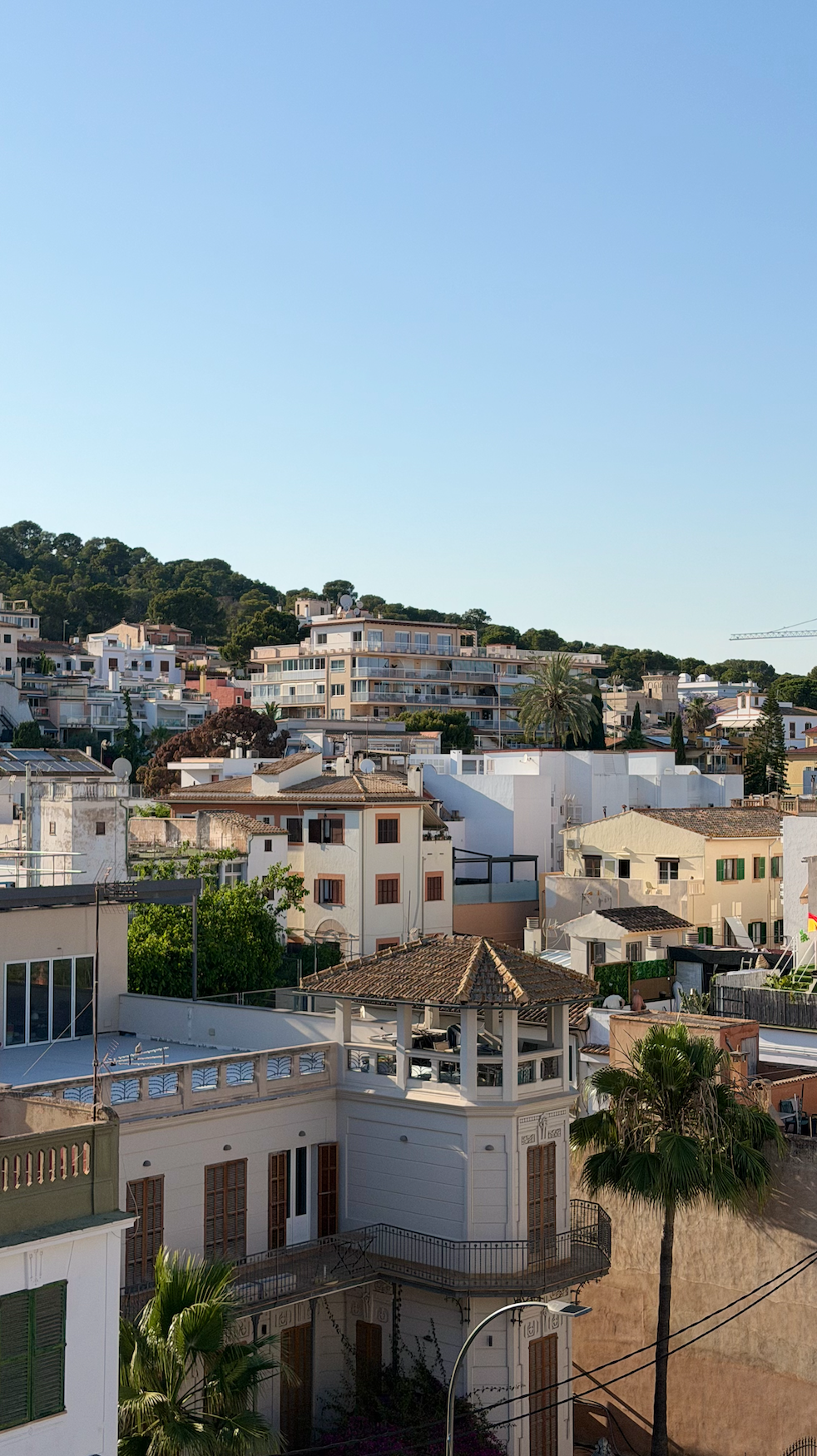 Vista de una ciudad con casas blancas, edificios modernos en el fondo, y vegetación incluyendo palmeras, bajo un cielo despejado.