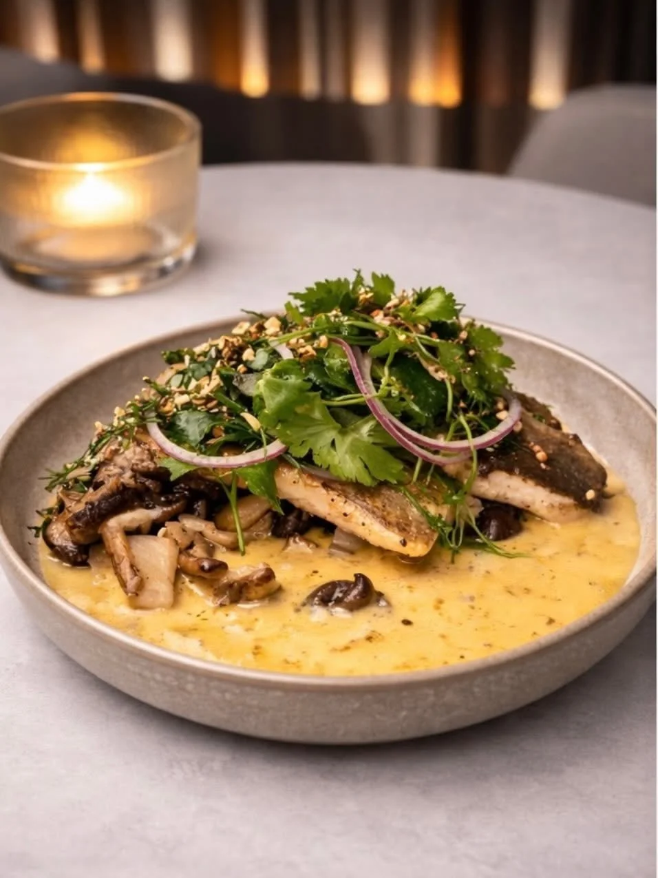 Gerecht met gegrilde vis, geserveerd met een salade van bladgroenten, rode uien, en zaadjes, op een beige bord met een lichte saus of puree. Er ligt een geurkaars of decoratieve lamp op de achtergrond.