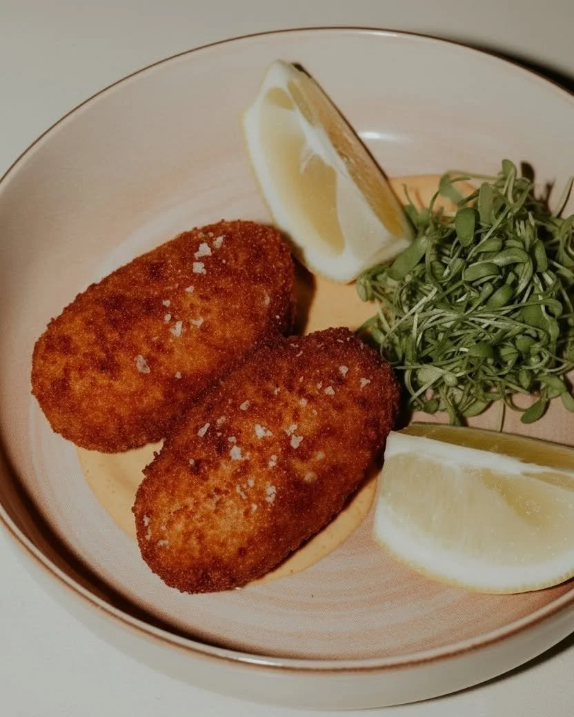 Gefrituurde kroketten met citroenpartje en een salade met microgroenten op een bord.