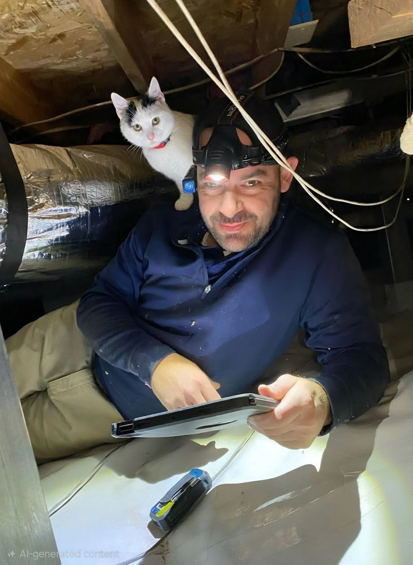 A man is lying on the floor under some pipes with a headlamp on his forehead, holding a clipboard. A cat is perched on his head, looking at the camera.