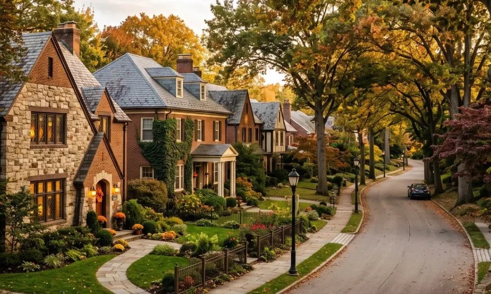 A quiet suburban street lined with large, upscale houses with well-maintained gardens and trees during autumn. A black car is parked along the curved road, which is bordered by sidewalks and street lamps.