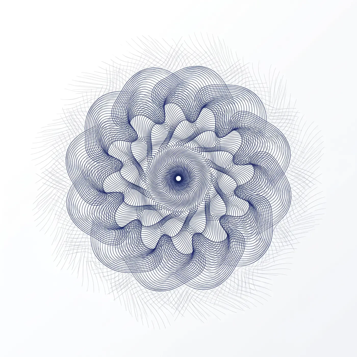 A digital line drawing features a spiral pattern composed of fine, dark blue lines radiating from a central point, creating a flower-like or abstract geometric design on a white background.