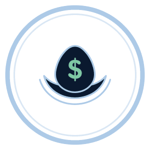 A graphic of a dollar sign inside a droplet shape with a flower-like base, encircled by two concentric circles.