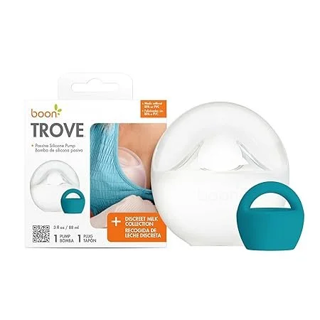 Boon Trove discreet silicone breast pump with packaging showing a woman using the pump and a teal handle, positioned next to the pump itself.