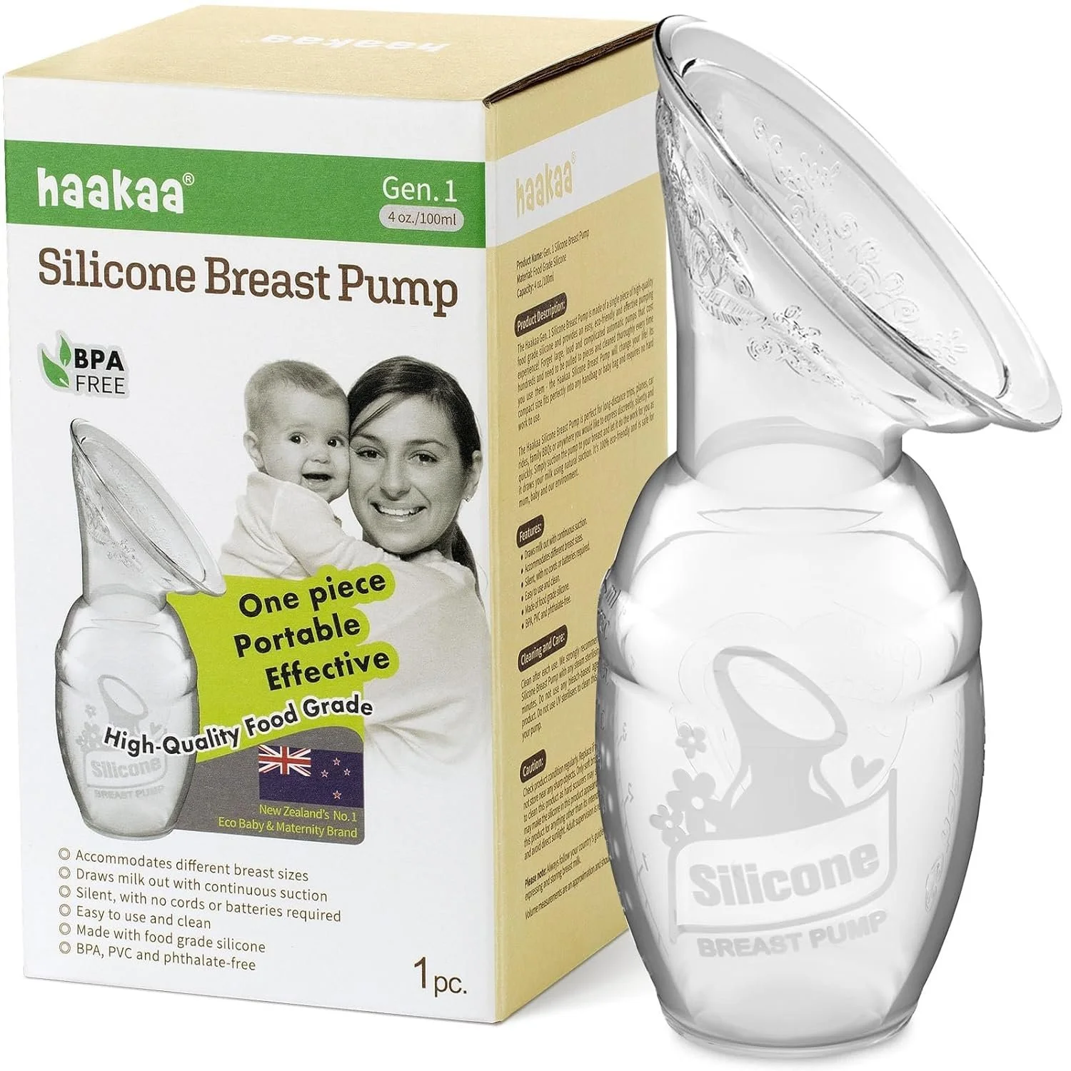 A boxed silicone breast pump with a transparent plastic pump device next to it. The box features an image of a woman holding a baby, and emphasizes that the pump is portable, effective, and food-grade. It also mentions that the product is BPA-free and made in New Zealand.