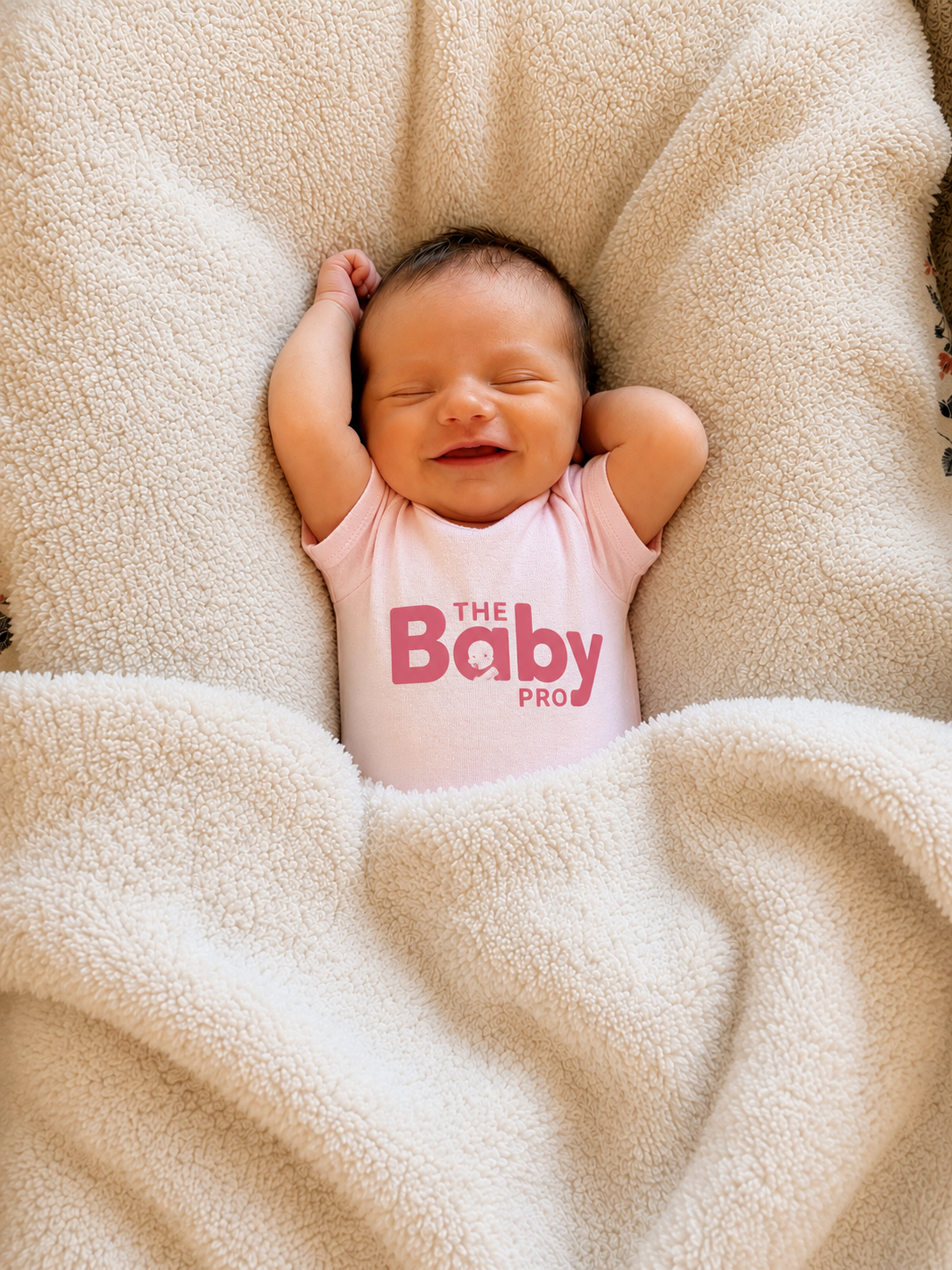 Smiling baby in a pale pink The Baby Pro onesie on a soft cream blanket