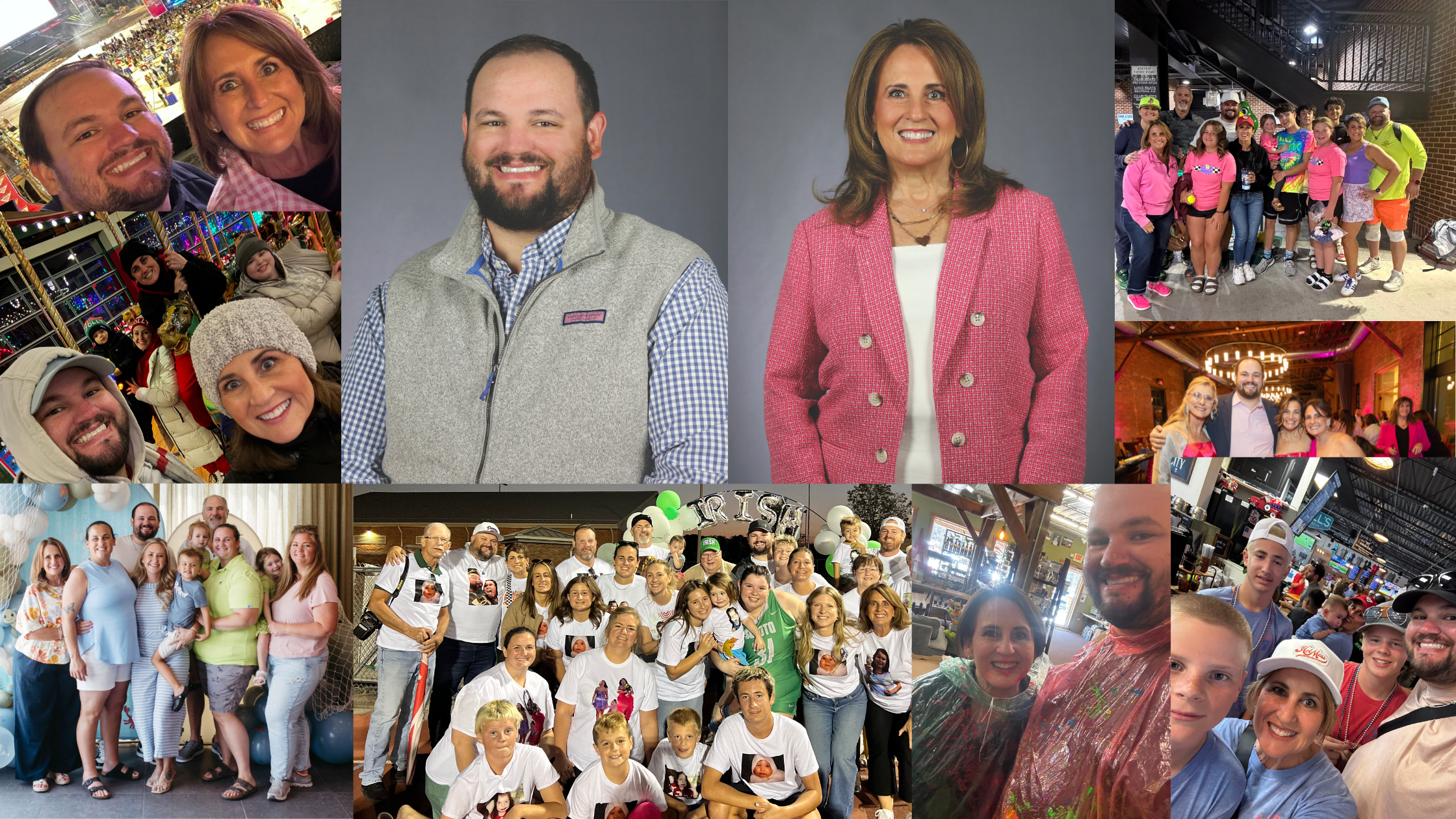 A collage of multiple group photos from various social gatherings, events, and celebrations, including families, friends, and community groups, indoors and outdoors, with diverse people of different ages and backgrounds.