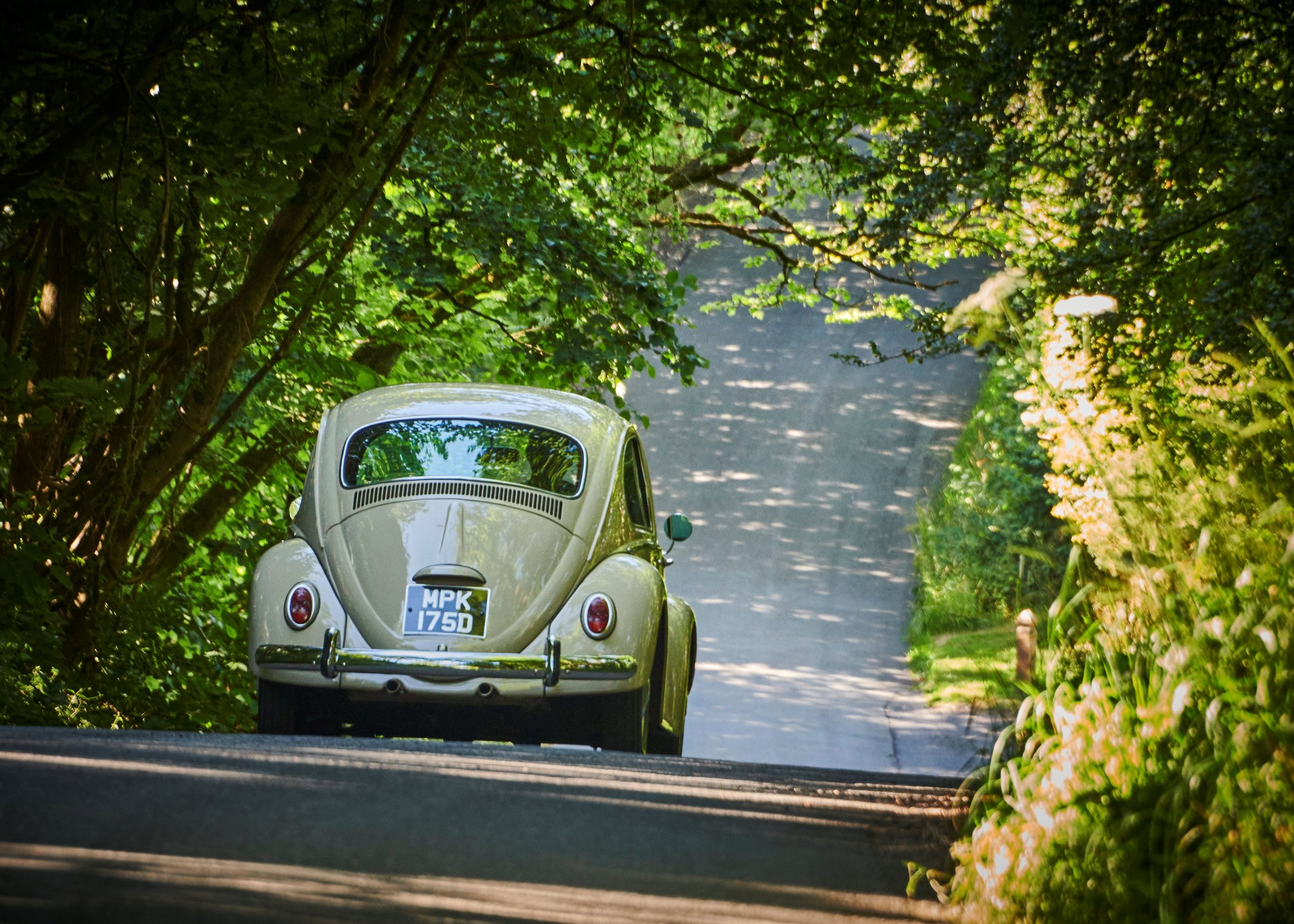 A vintage  Volkswagen Beetle parked on a narrow, shaded country road surrounded by lush green foliage.